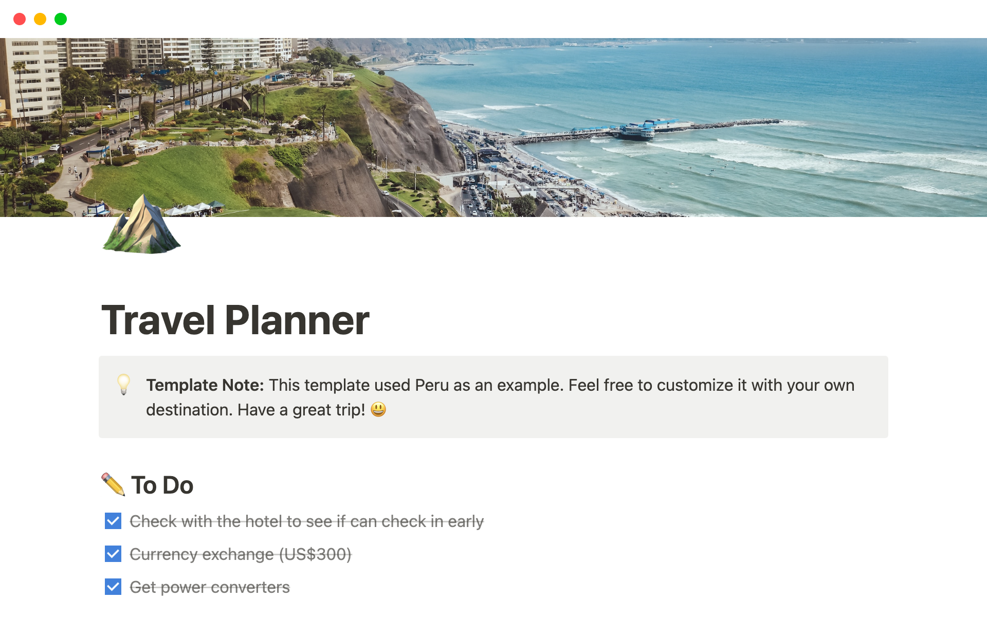 It's an all-in-one template that simplifies travel organization, from creating itineraries and managing bookings to tracking expenses and collaborating with others.