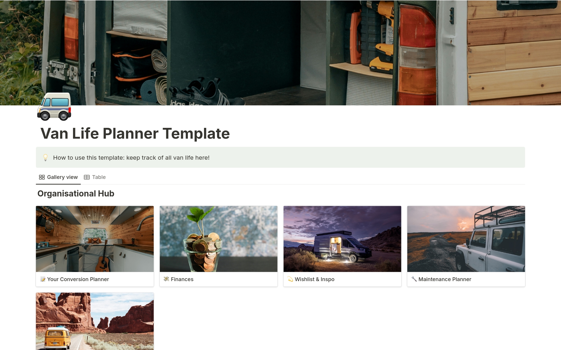 A template preview for Van Life Planner Template