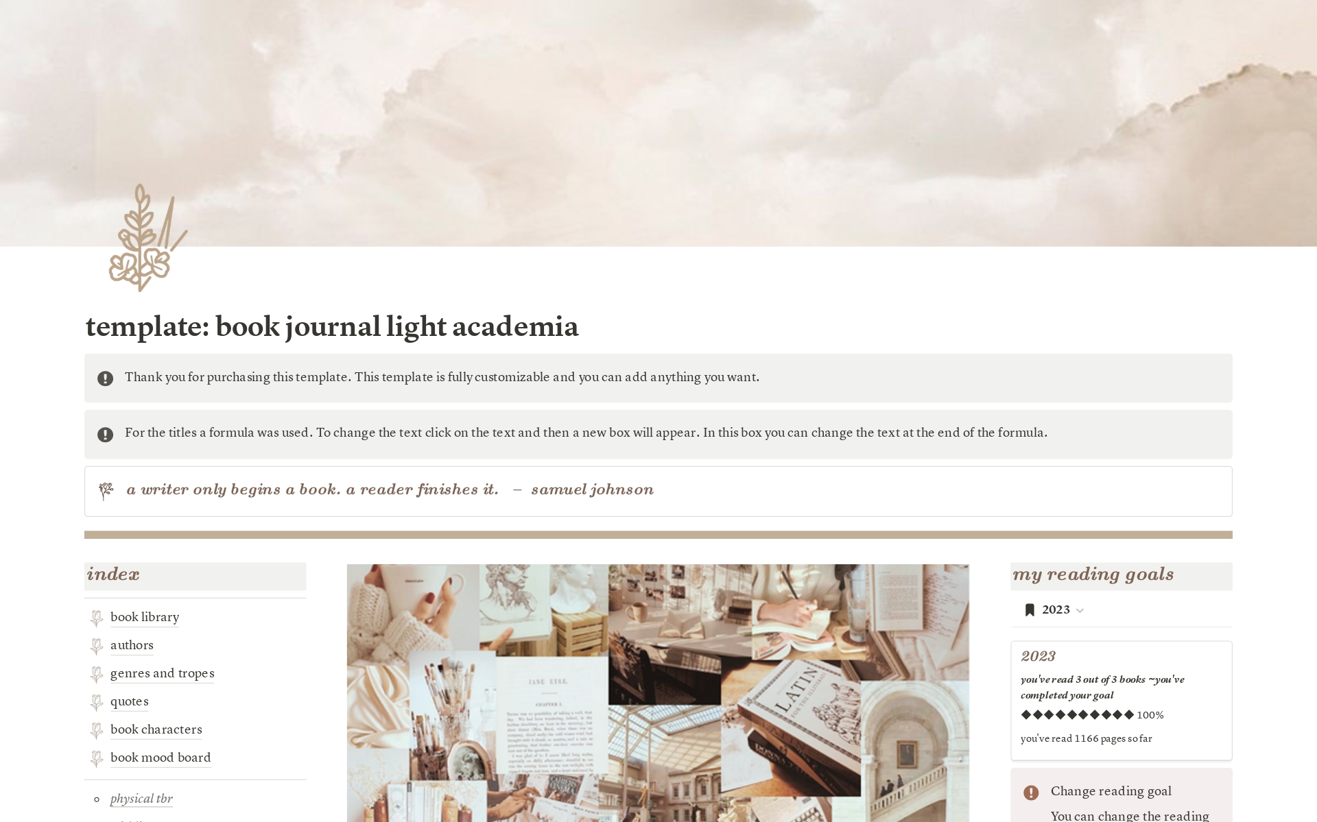 En forhåndsvisning av mal for book journal light academia