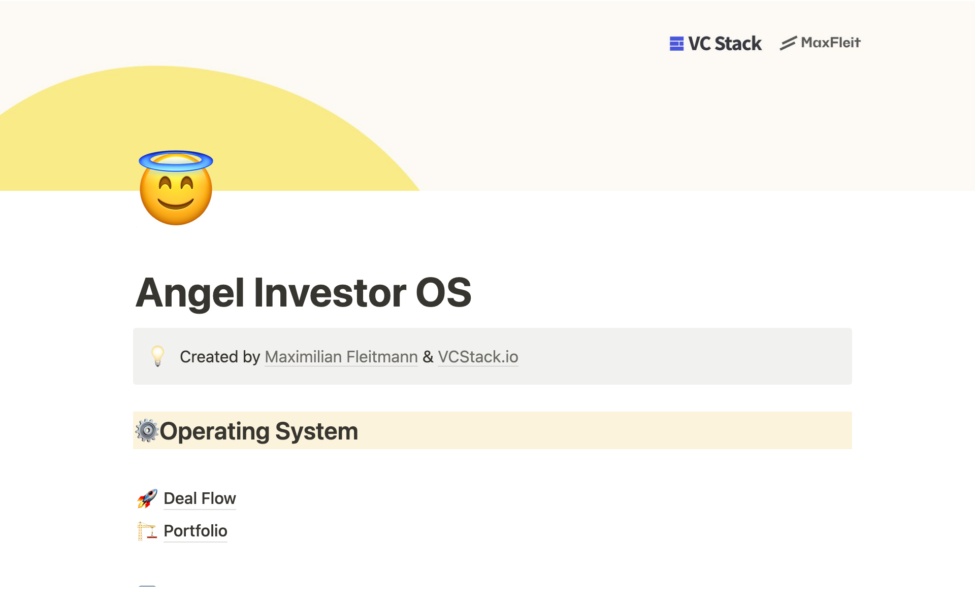 En forhåndsvisning av mal for Angel Investor Operating System