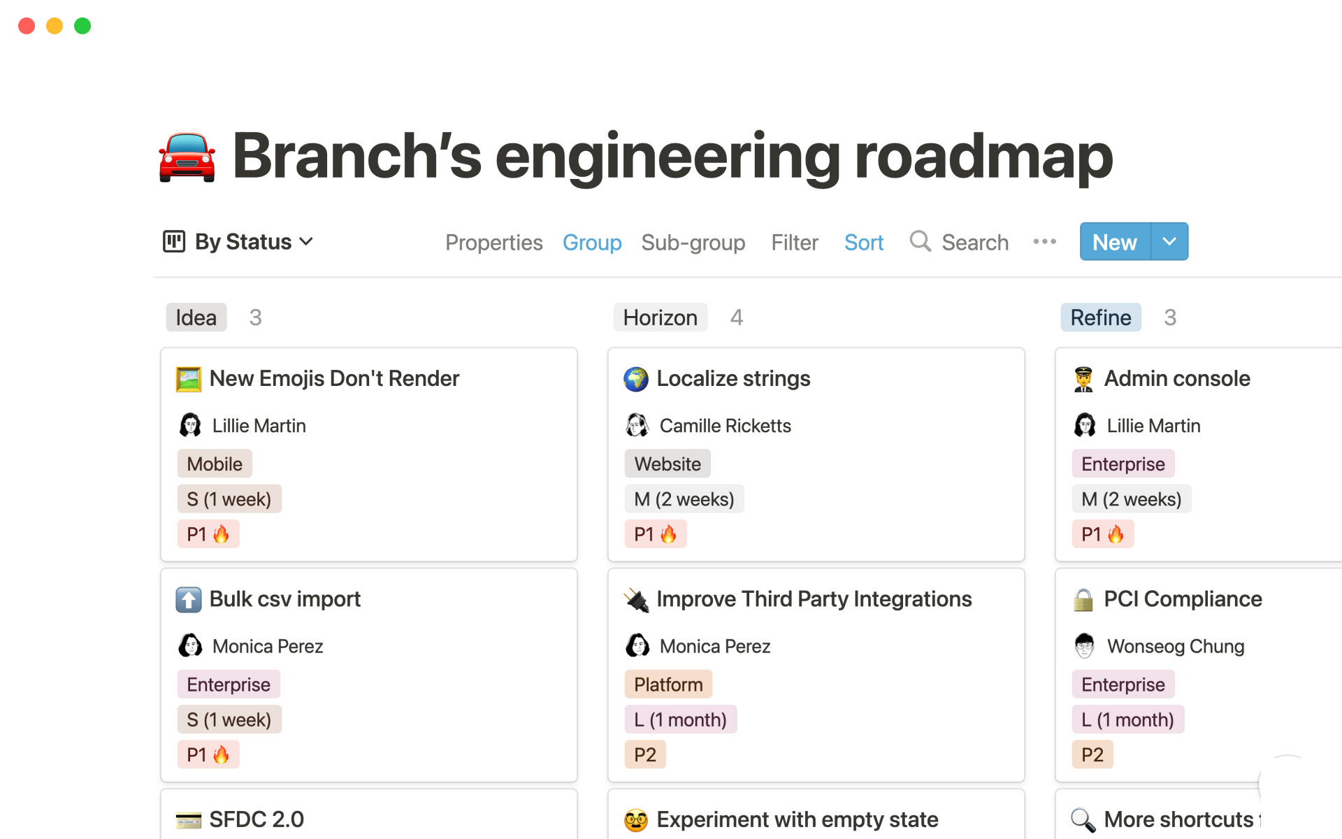 En forhåndsvisning av mal for Branch's engineering roadmap