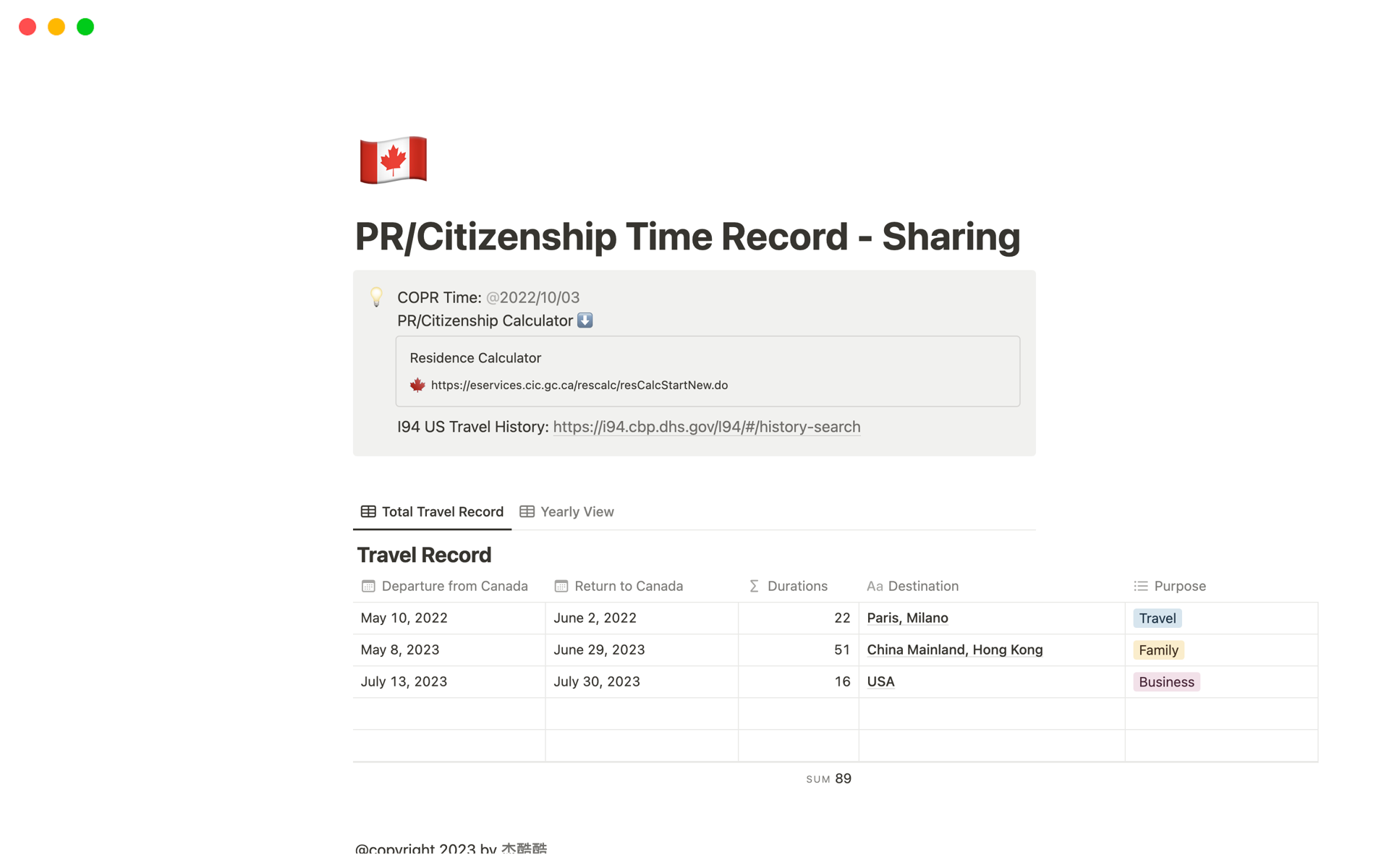 Vista previa de una plantilla para Canadian PR/Citizenship Time Record