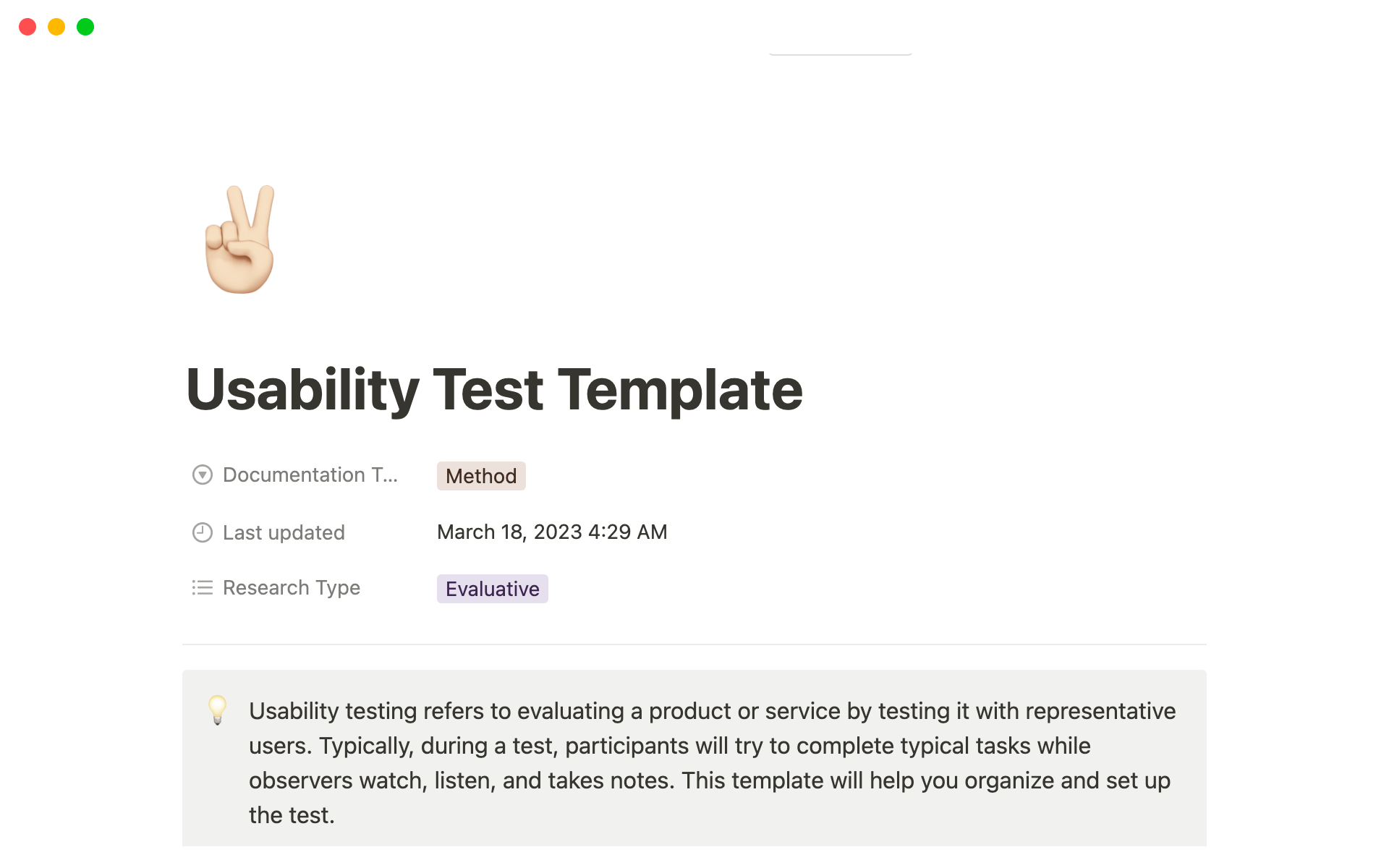 En forhåndsvisning av mal for Usability Test Template