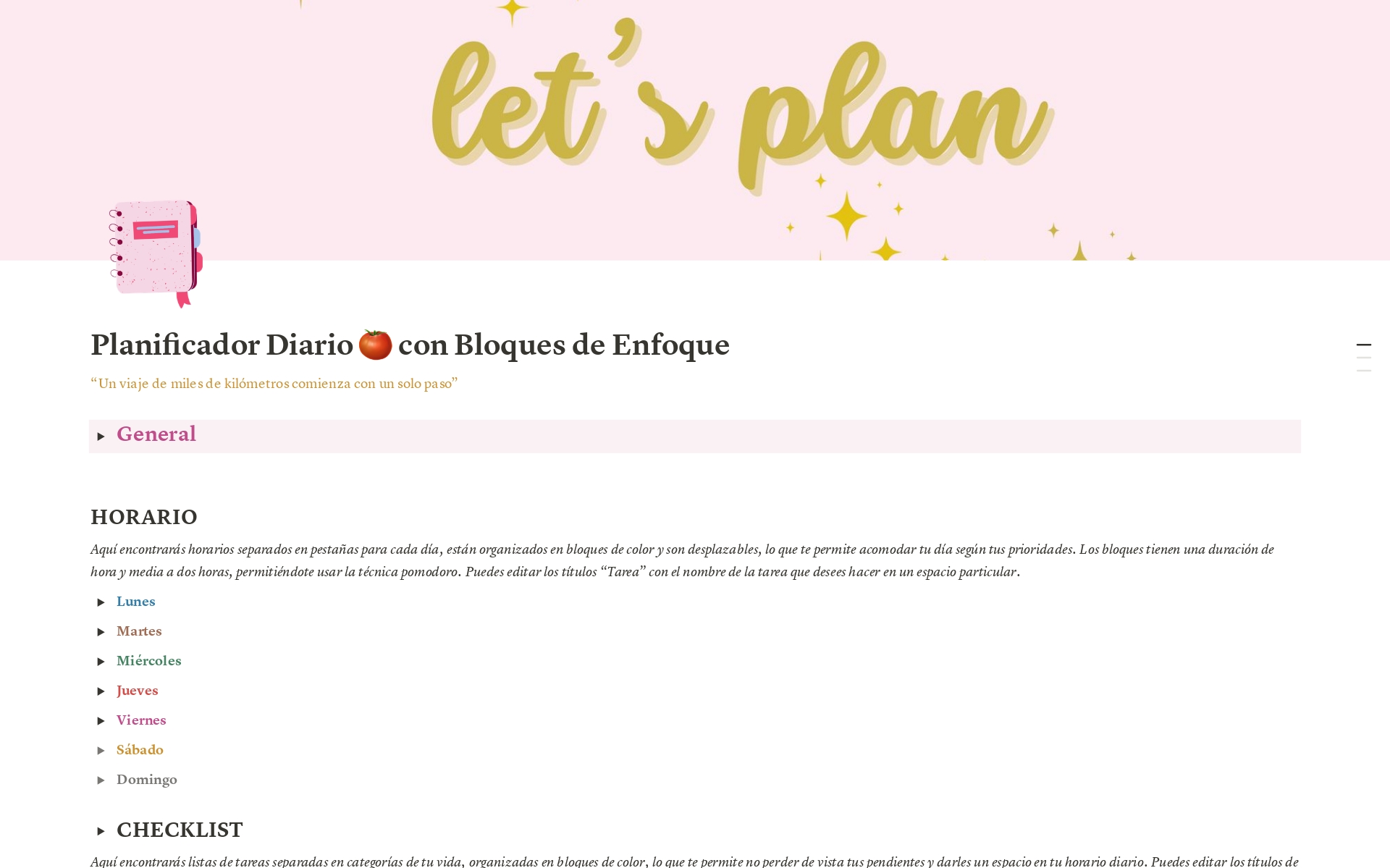En förhandsgranskning av mallen för Planificador Diario 🍅 con Bloques de Enfoque