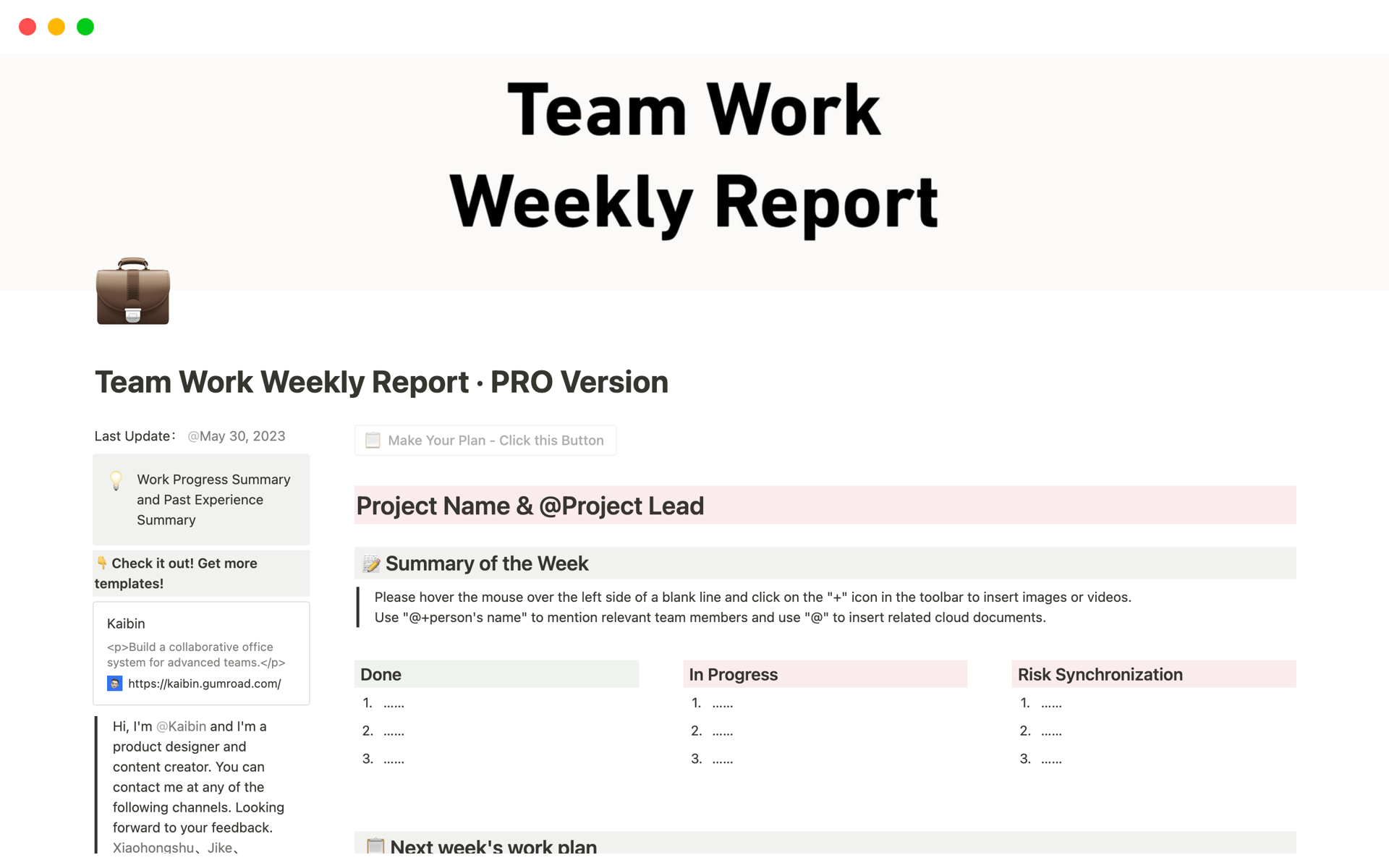 En forhåndsvisning av mal for Team Work Weekly Report · PRO Version