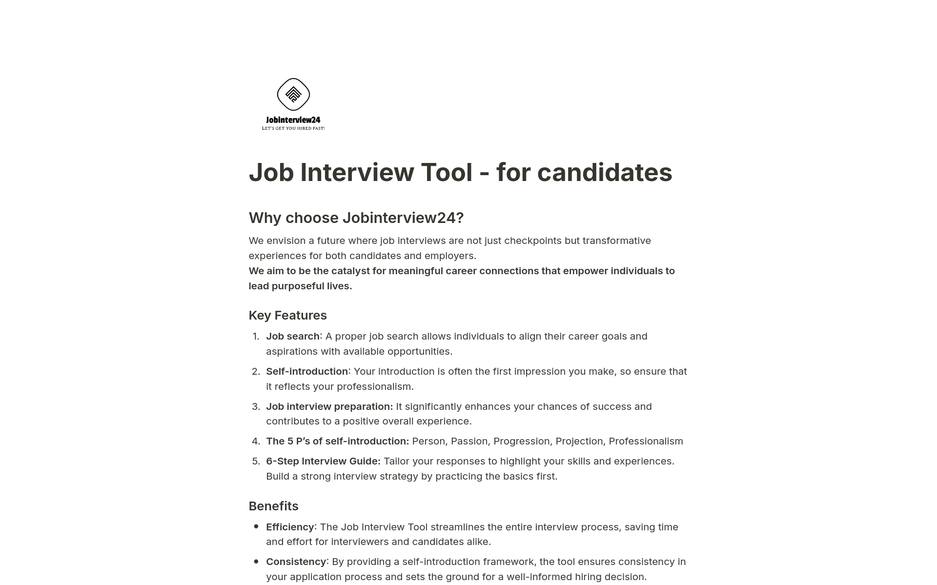 En forhåndsvisning av mal for Job Interview Preparation Tool