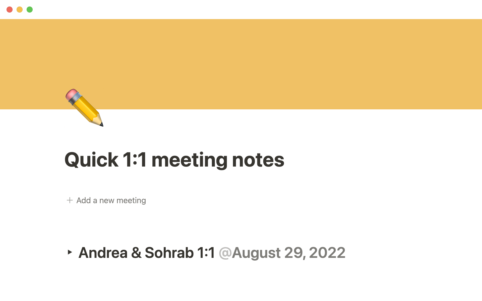 En forhåndsvisning av mal for Quick 1:1 meeting notes