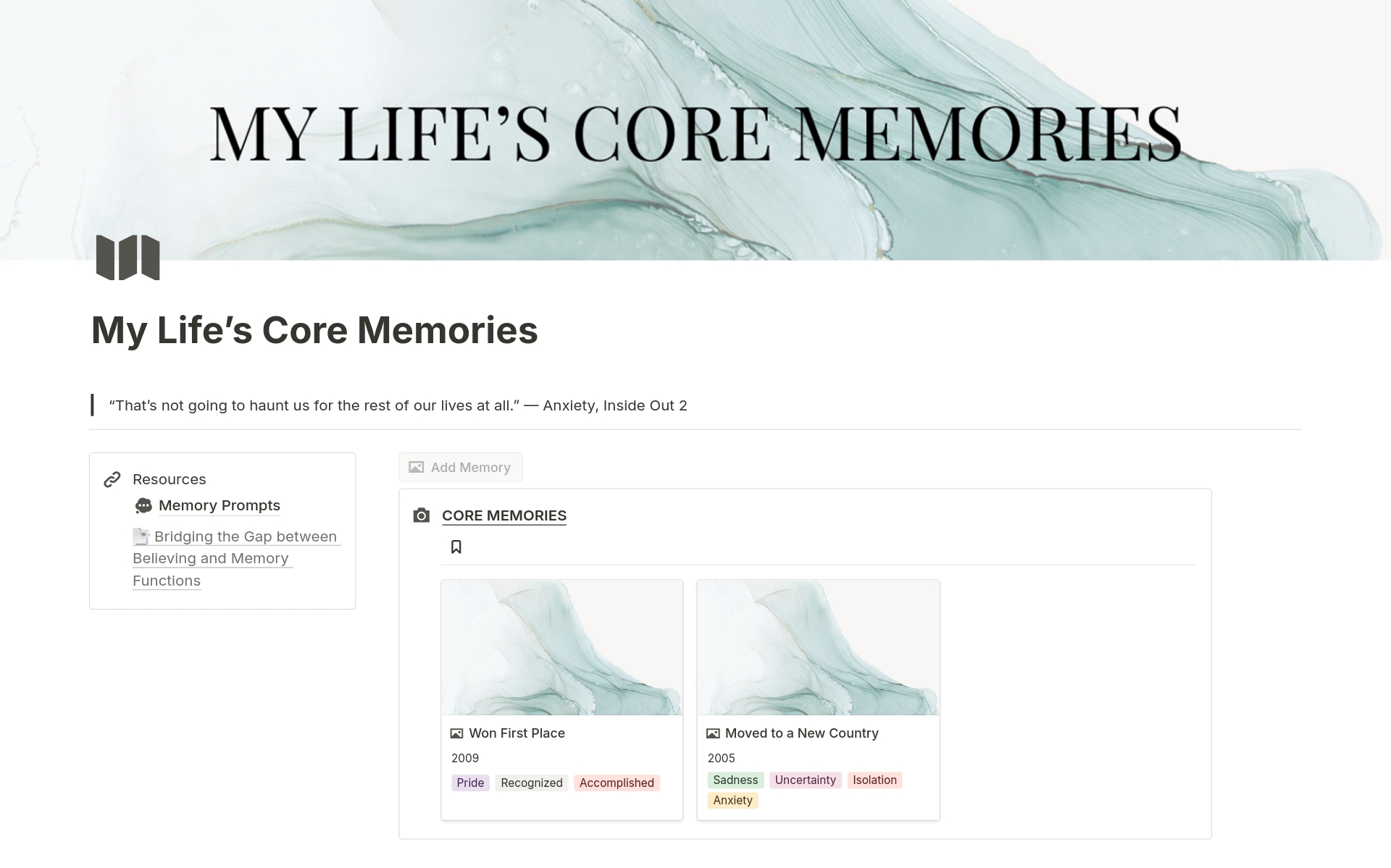 My Life's Core Memories is a reflective journal designed to help you capture and explore significant life events that have shaped your beliefs and perspectives through their emotional impact.