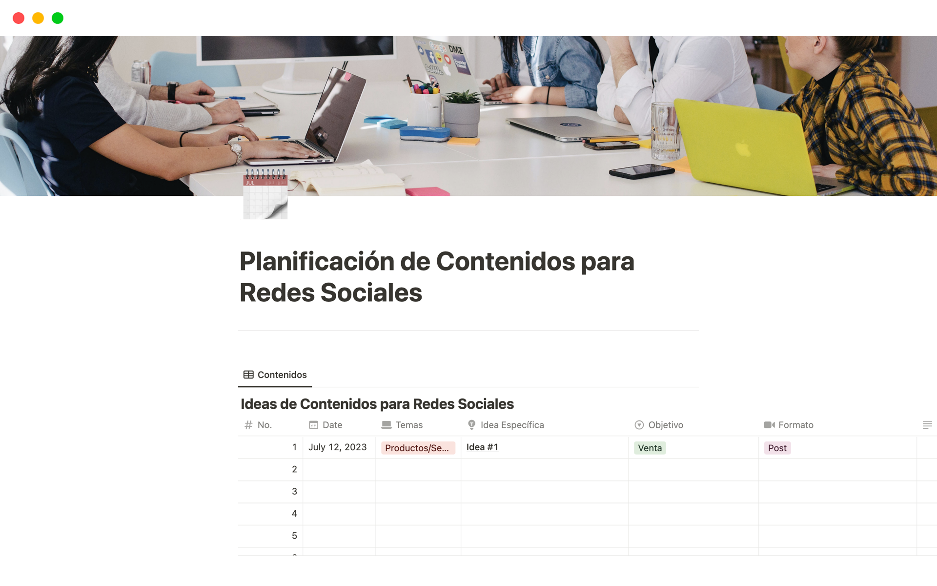 En forhåndsvisning av mal for Planificación de Contenidos para Redes Sociales