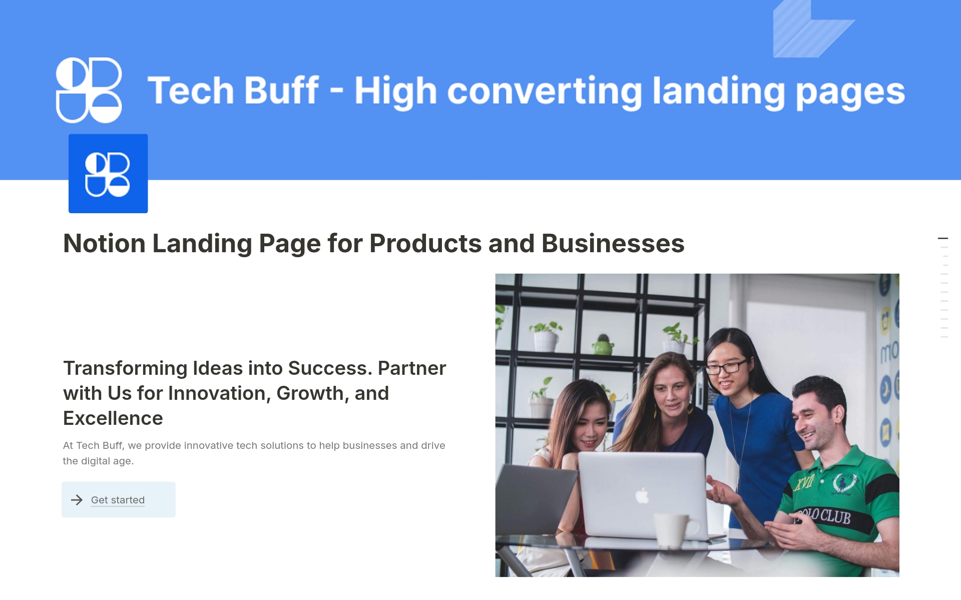 En förhandsgranskning av mallen för Landing page for Products and Business