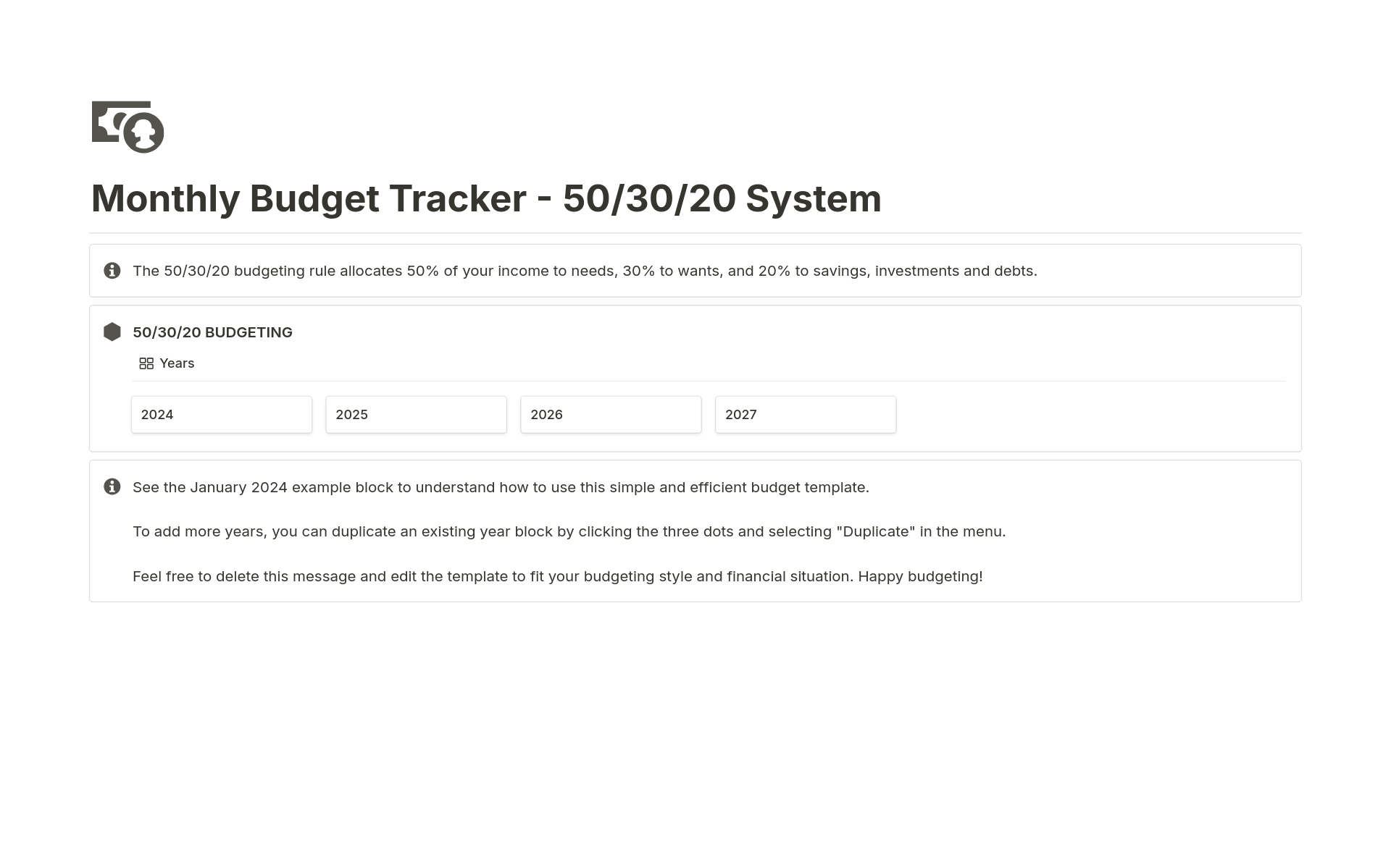 En förhandsgranskning av mallen för Monthly Budget Tracker - 50/30/20 System