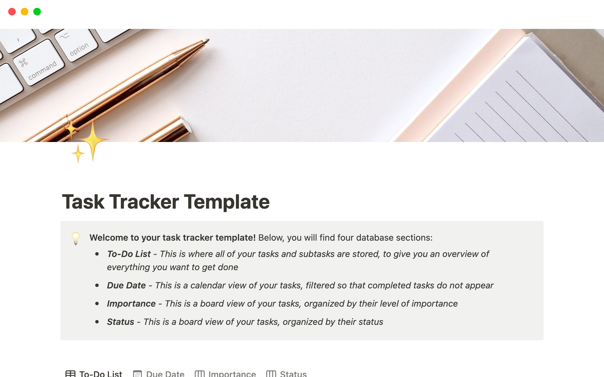 Eine Vorlagenvorschau für Task Tracker