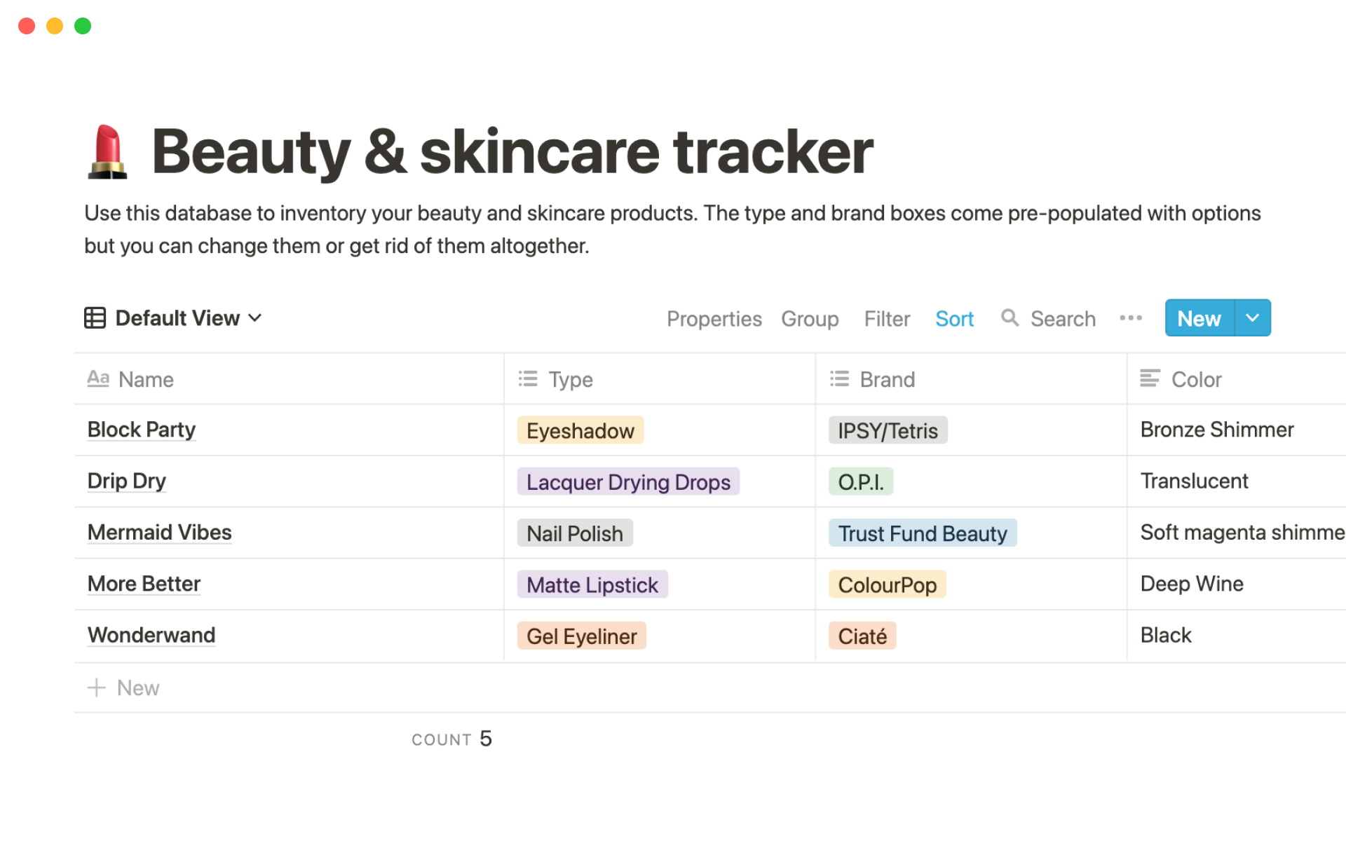 En förhandsgranskning av mallen för Beauty & skincare tracker