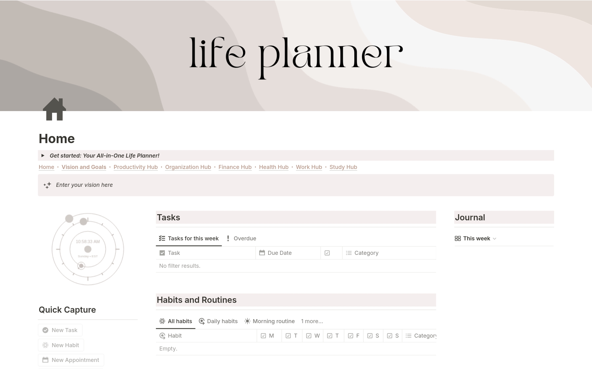 - Automated template organized in seven different hubs, all connected by a linked calendar and task list
- Over 50 pages included for organizing (nearly) every aspect of daily life, including a section for work and studies
- Aesthetic template with customizable design