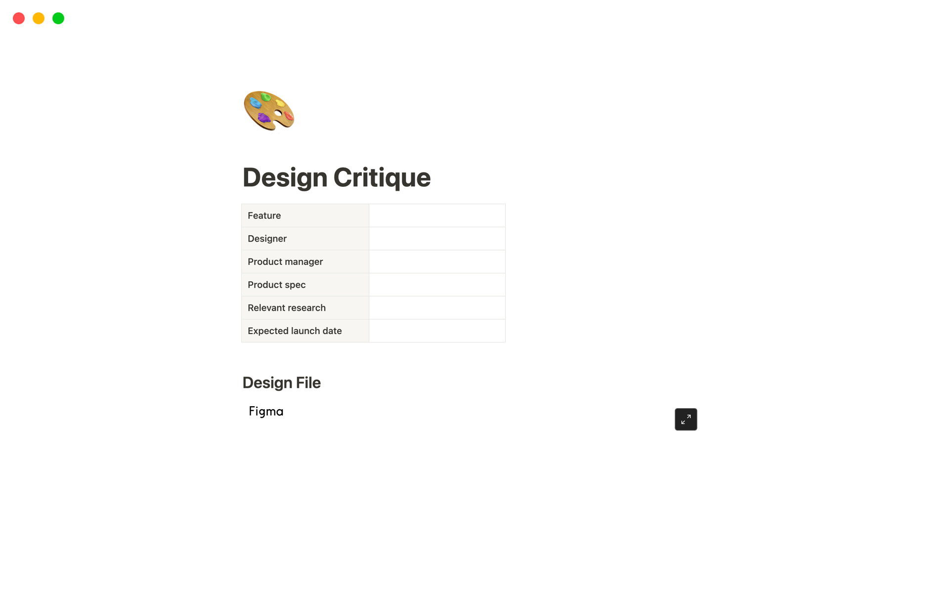 En förhandsgranskning av mallen för Design Critique