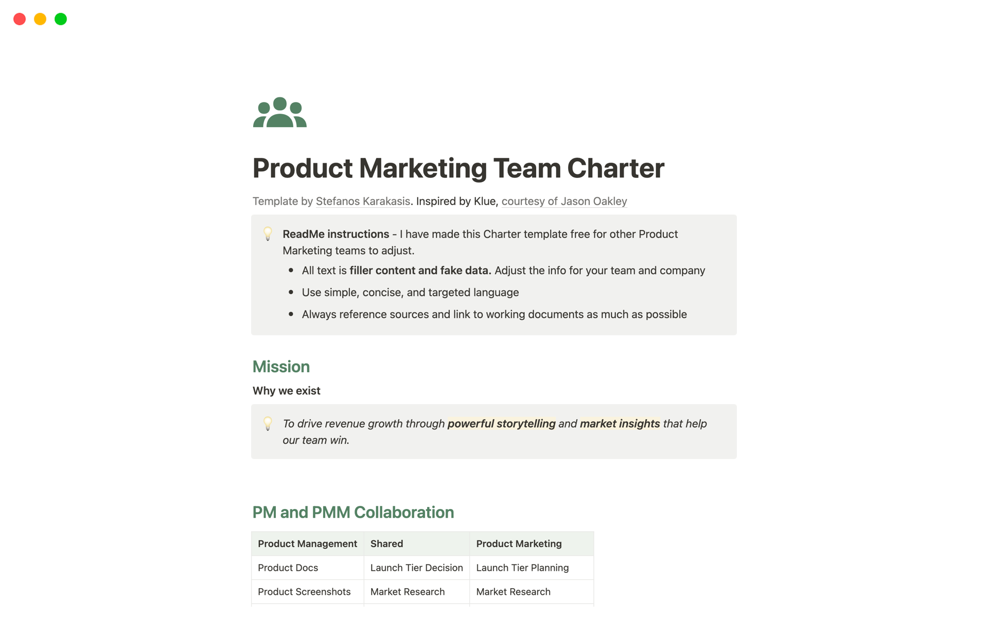 En förhandsgranskning av mallen för Product Marketing Team Charter