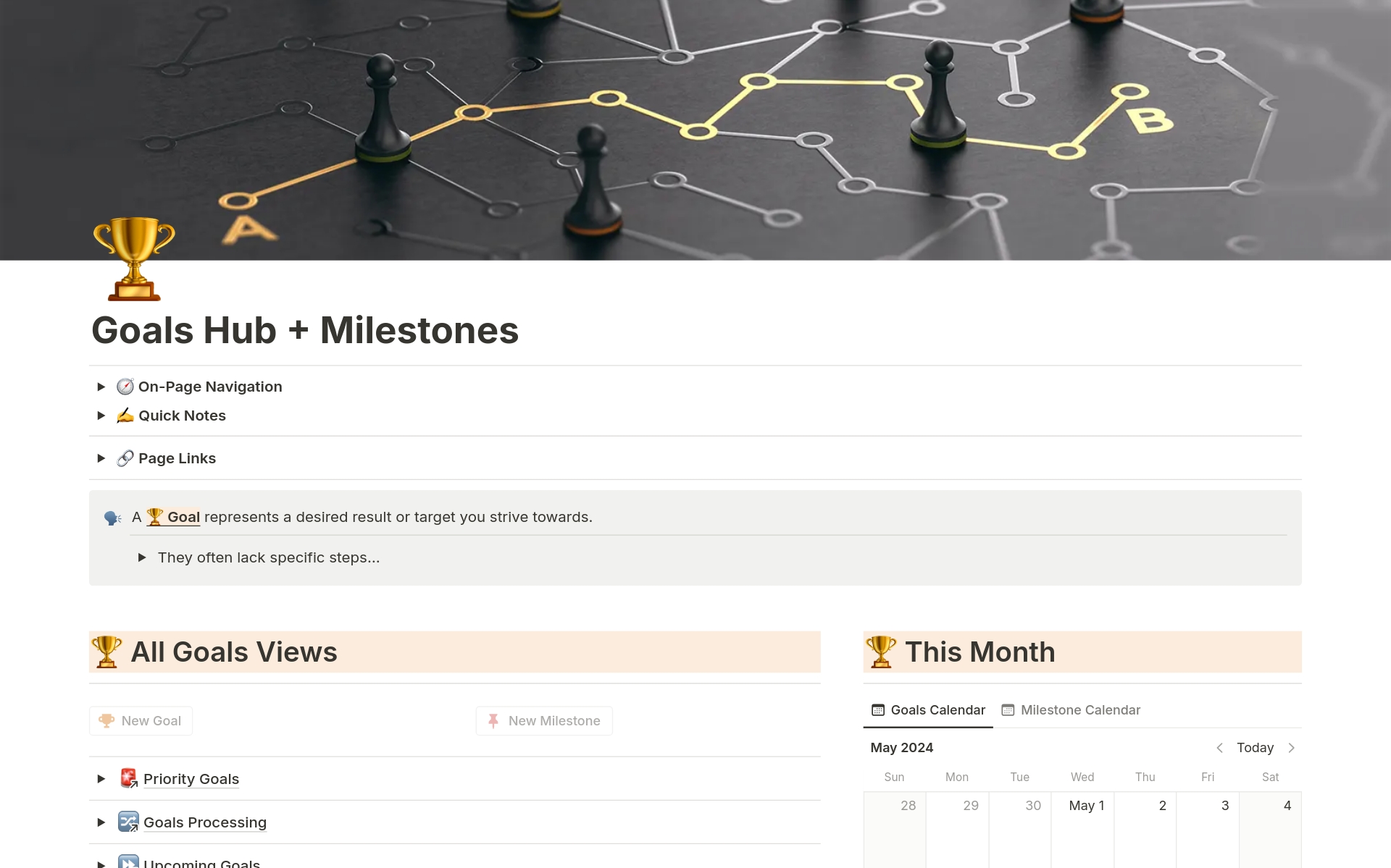 Vista previa de plantilla para Goals Hub + Milestones