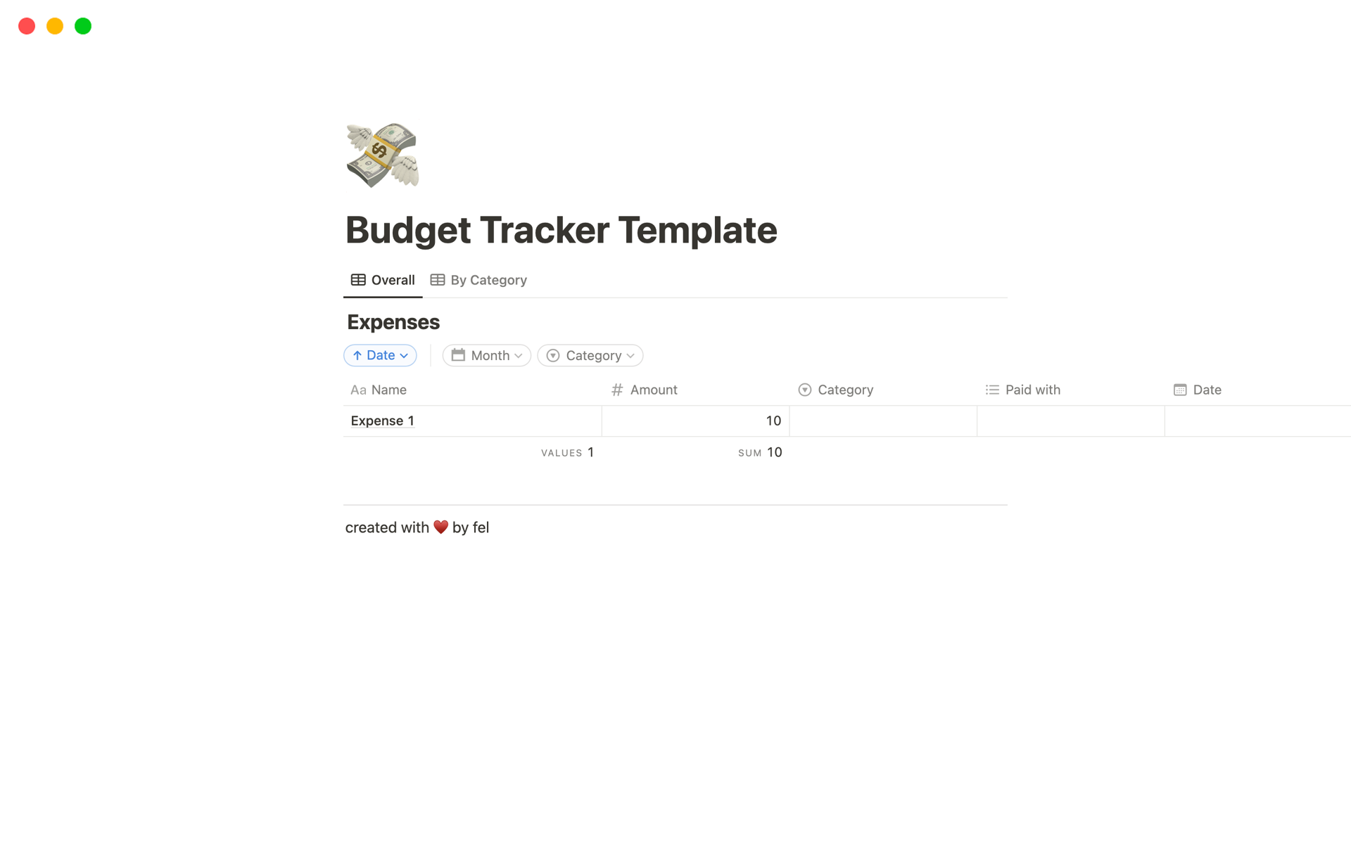 En forhåndsvisning av mal for Budget Tracker