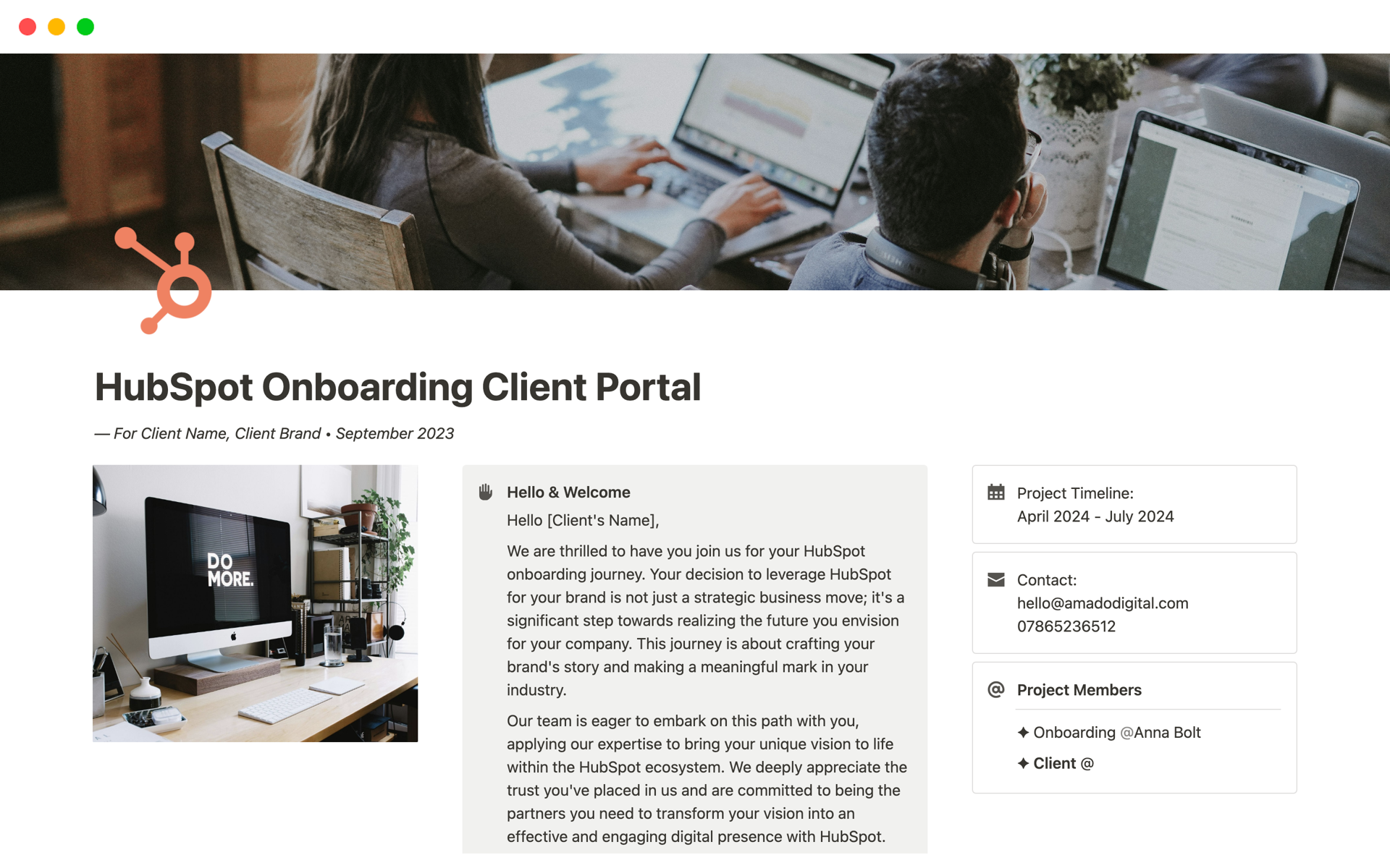 En förhandsgranskning av mallen för HubSpot Onboarding Client Portal