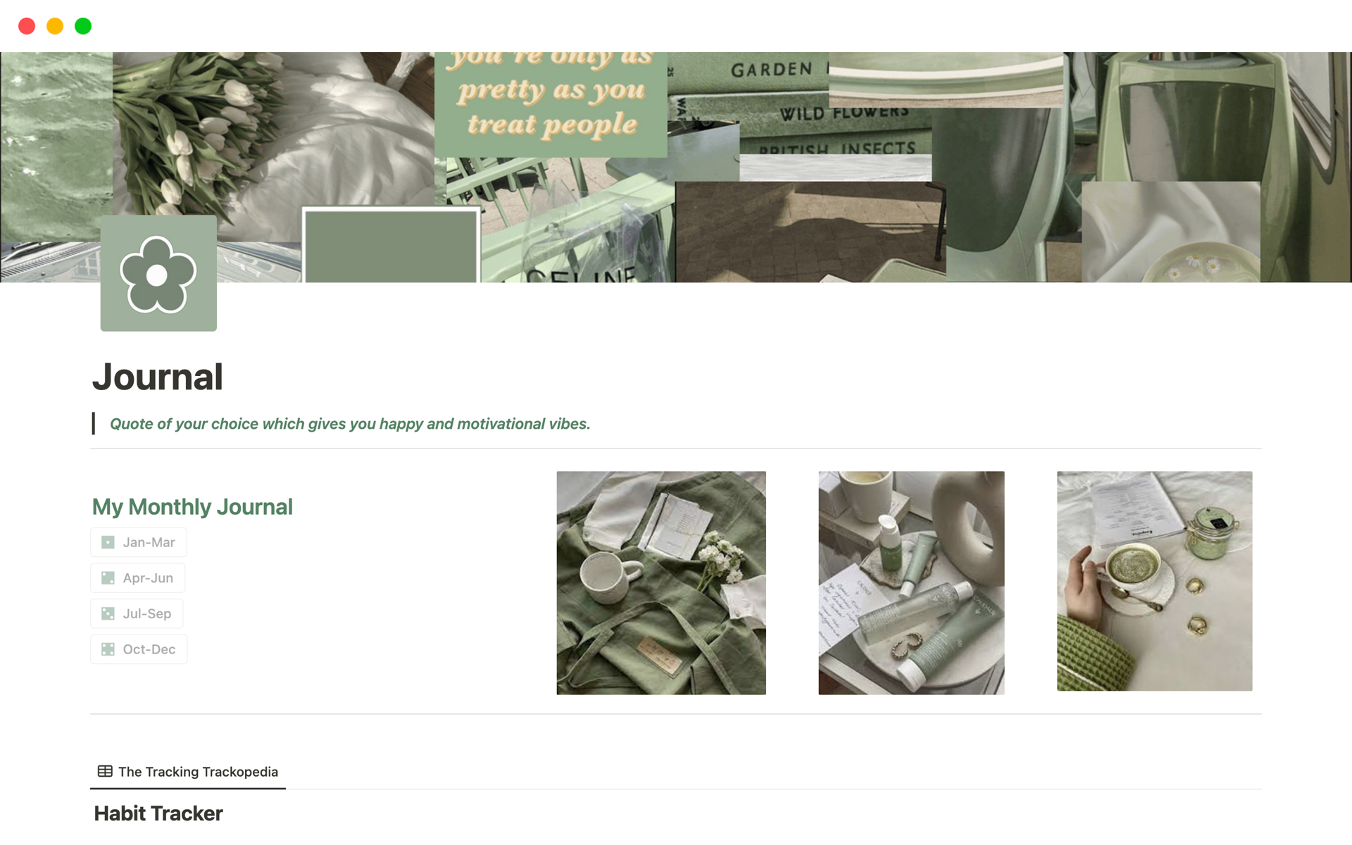A day-to-day habit tracker and quarterly task managing template with sage green aesthetic.