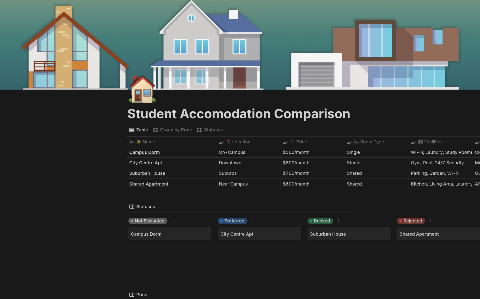 Our Notion template simplifies the process of comparing student accommodations, allowing you to evaluate key factors and organize your findings to make informed decisions easily.