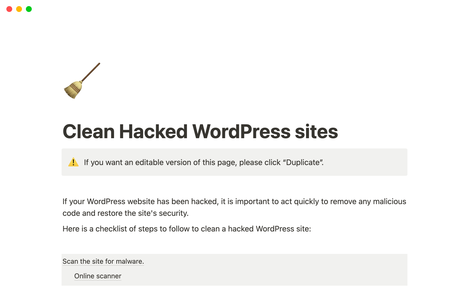 En forhåndsvisning av mal for Guide: Clean Hacked WordPress Sites