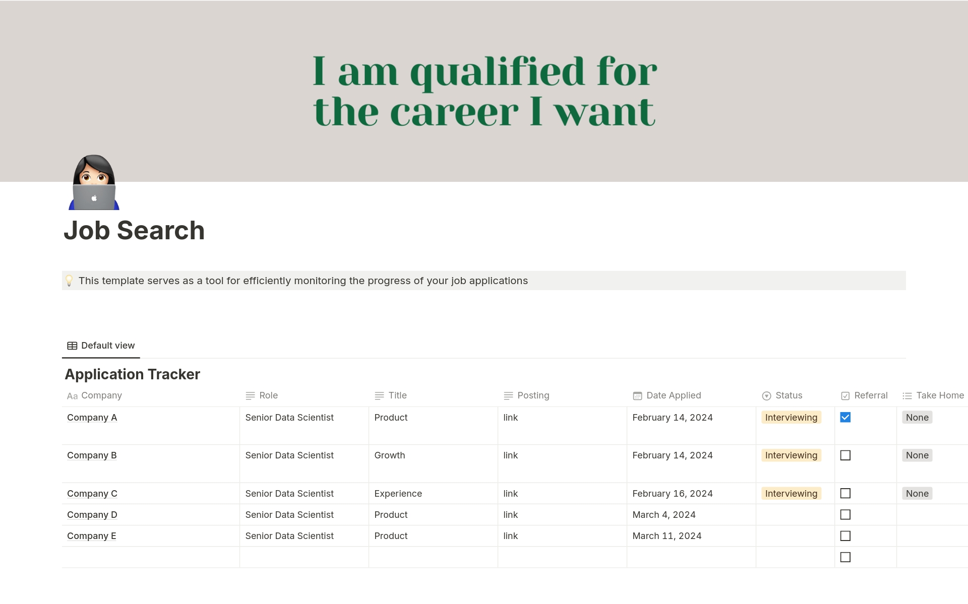 En förhandsgranskning av mallen för Job Search Application Tracker