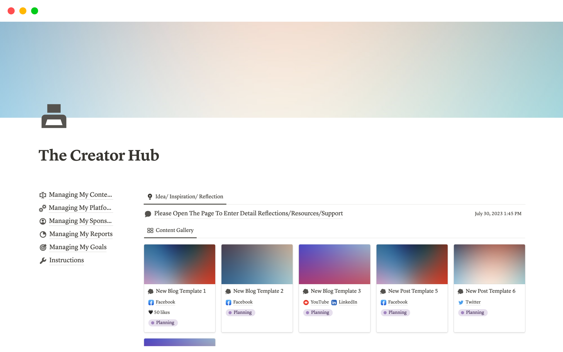 A template preview for The Creator Hub - Social Media Planner