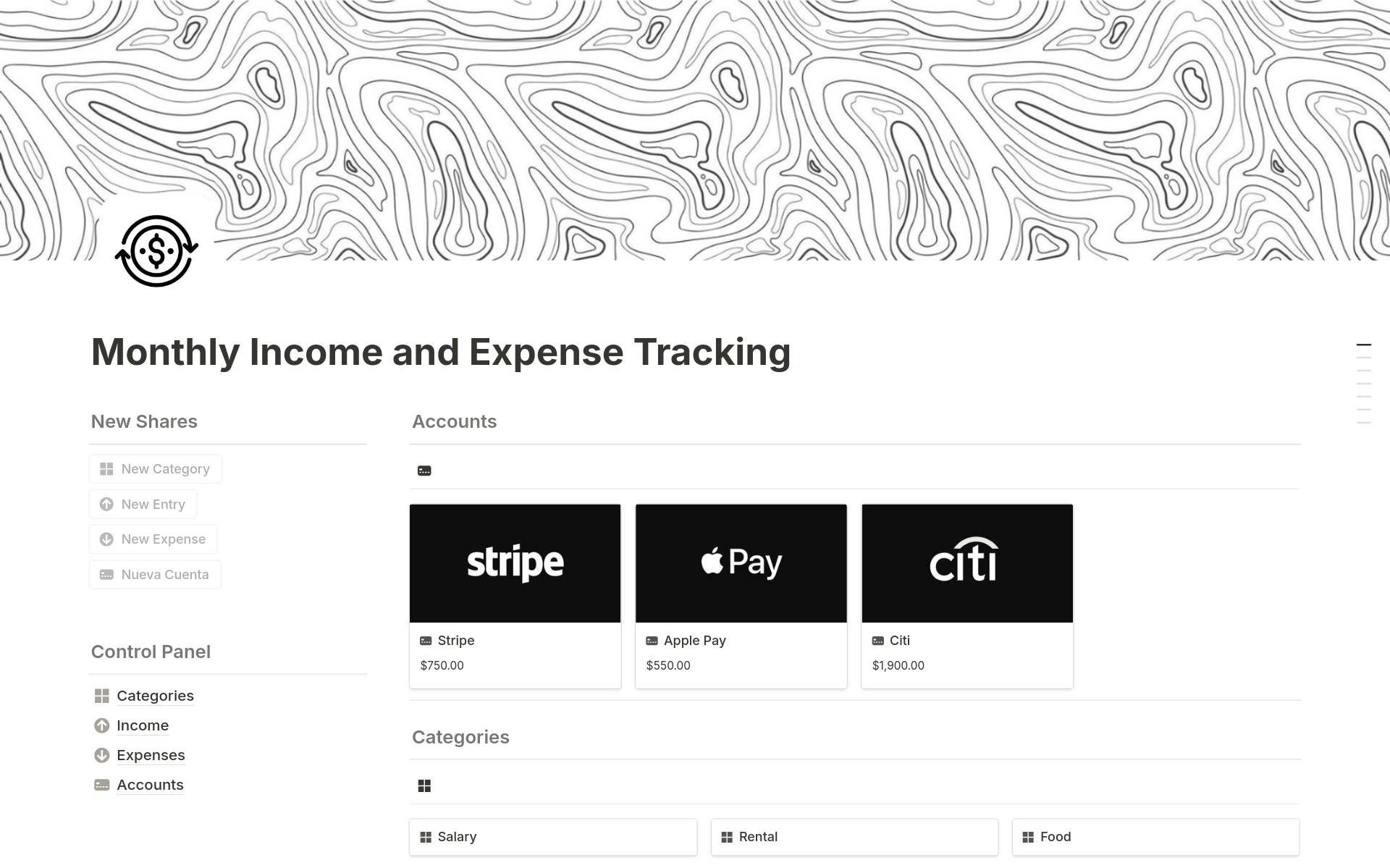 En förhandsgranskning av mallen för Monthly Income and Expense Tracking