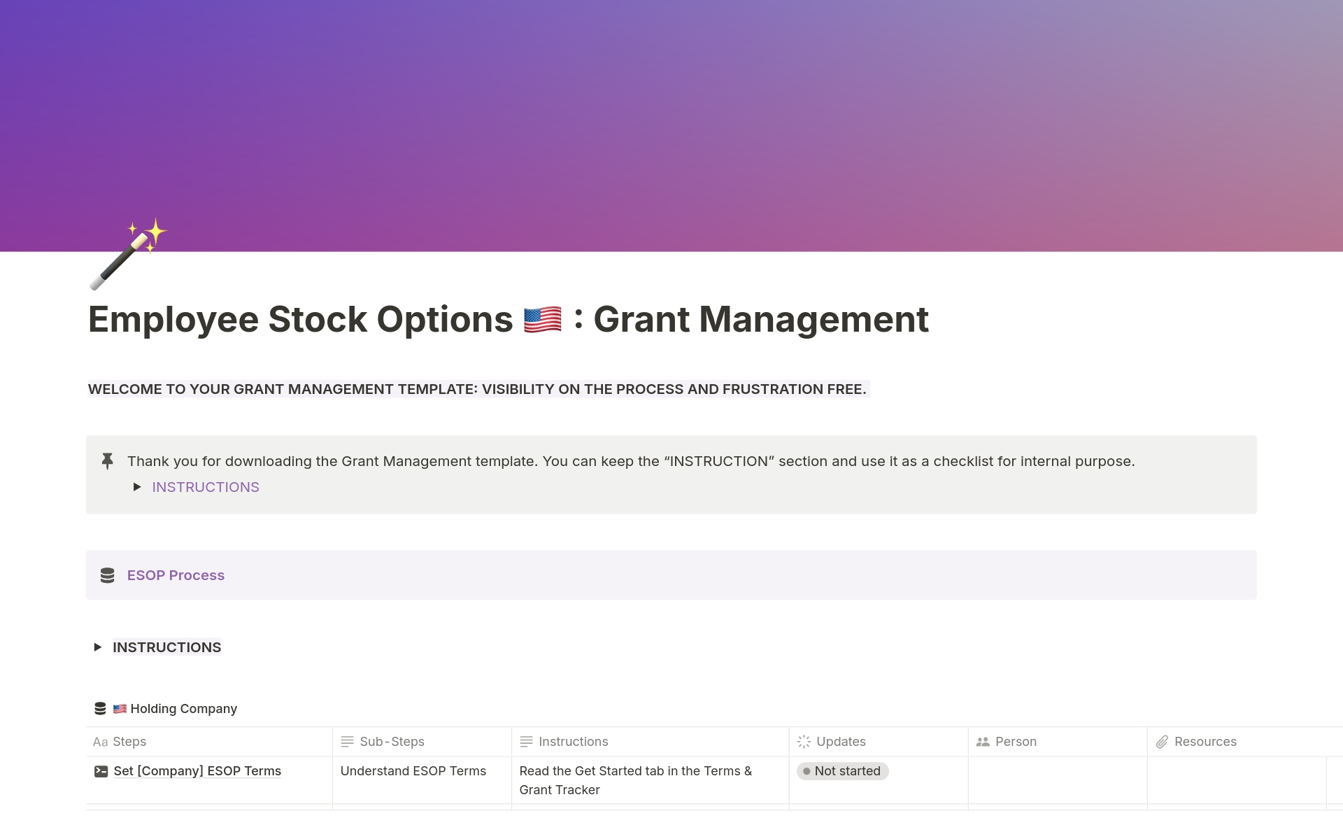 A template preview for Employee Equity 🇺🇸 : Stock Option Management 