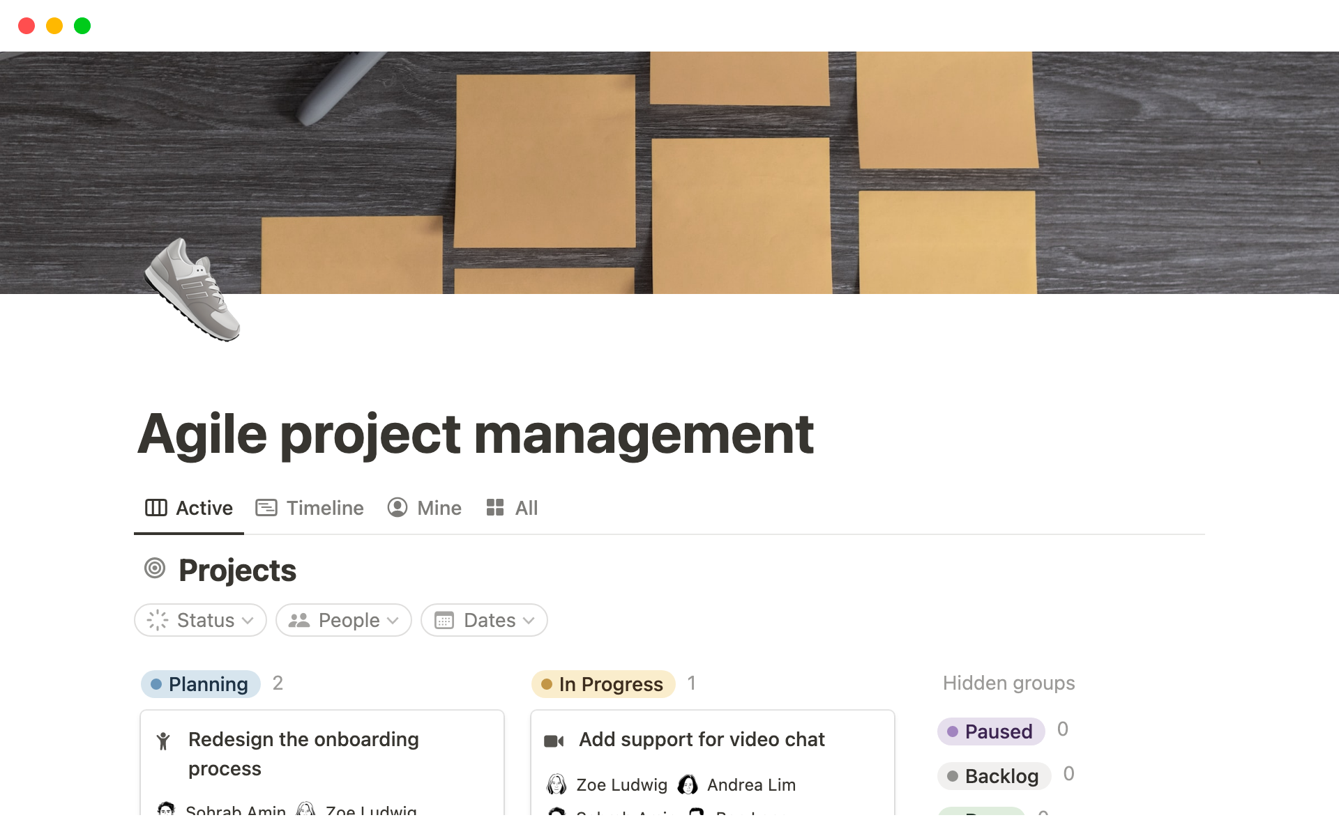 Vista previa de una plantilla para Agile Project Management