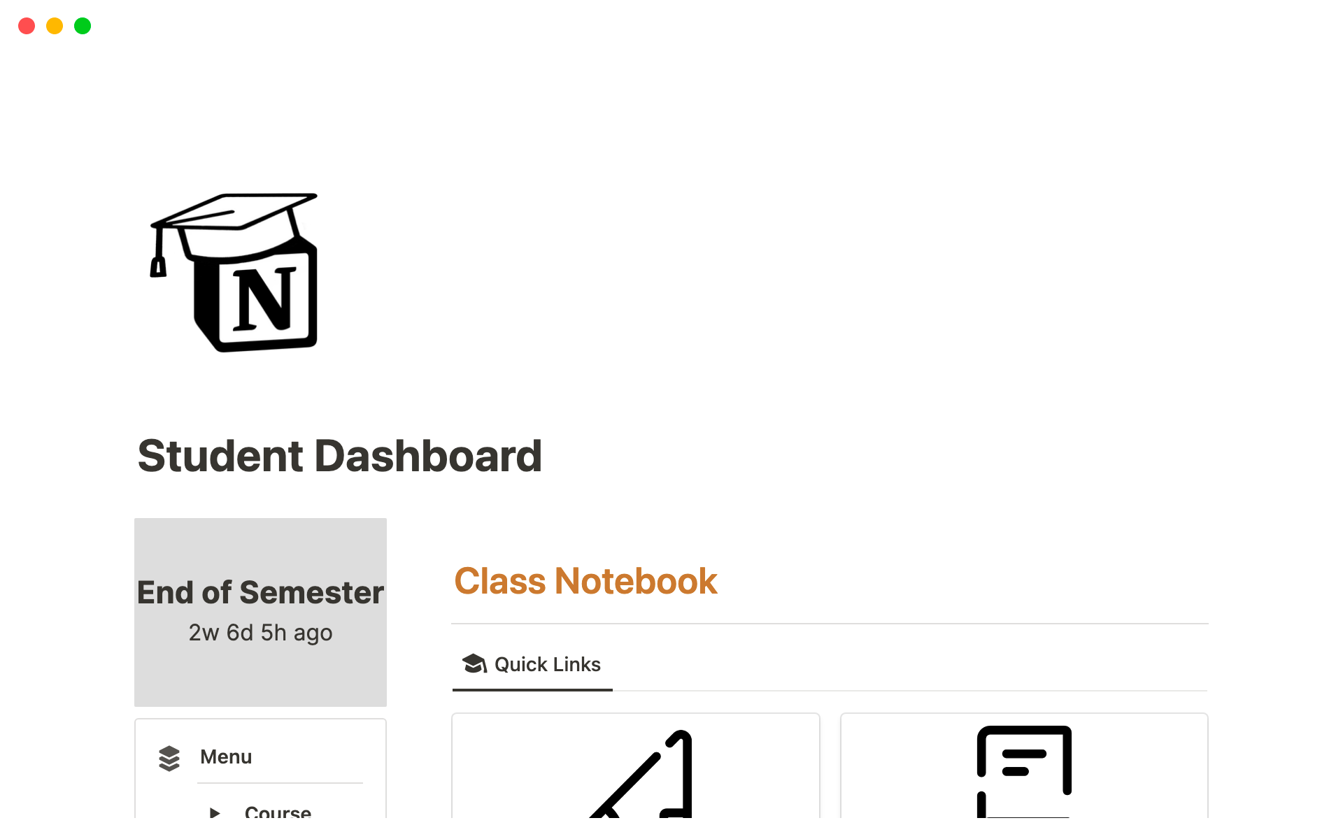 En förhandsgranskning av mallen för The Student Dashboard by Organisedly