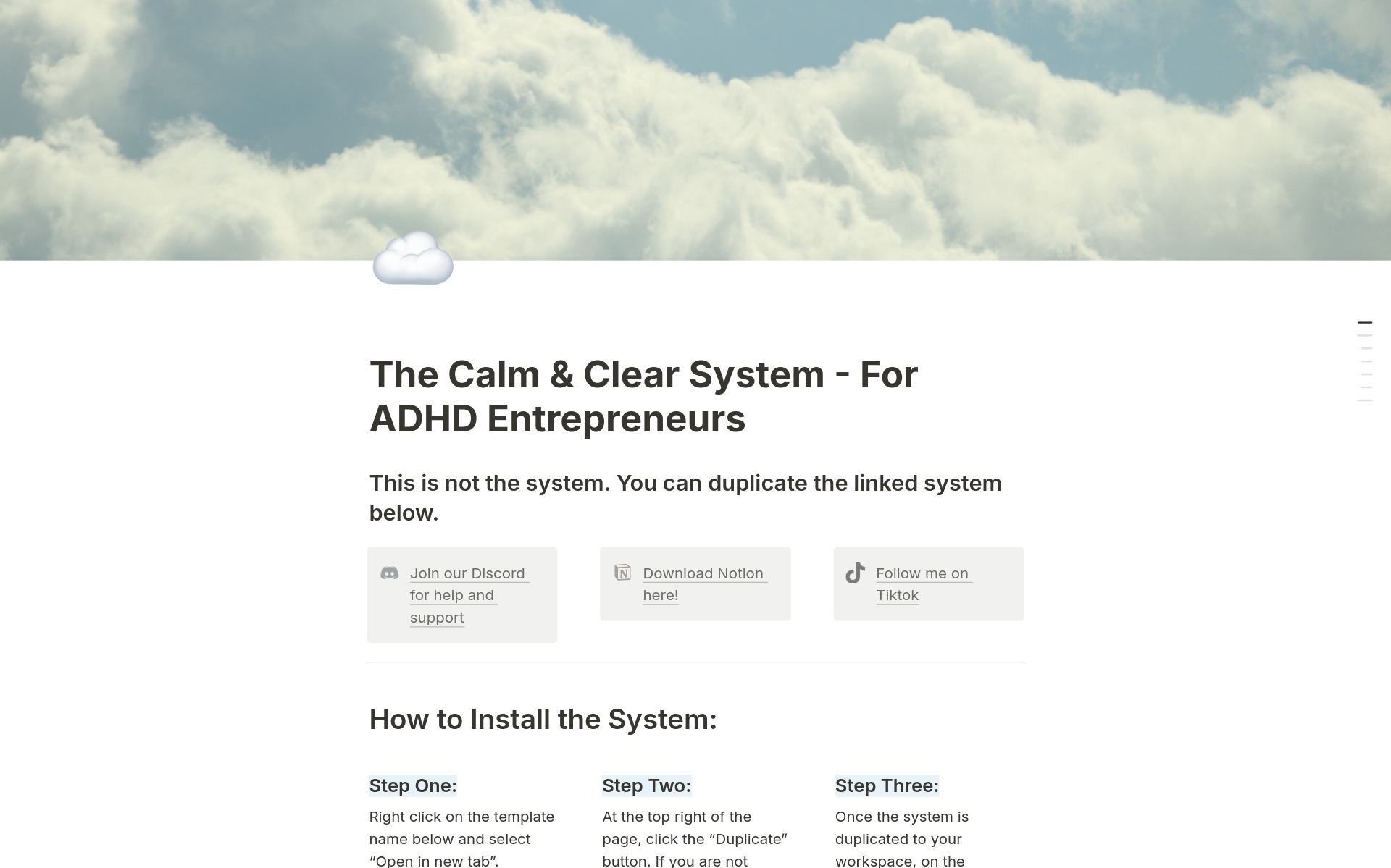 En forhåndsvisning av mal for The Calm & Clear System - For ADHD Entrepreneurs