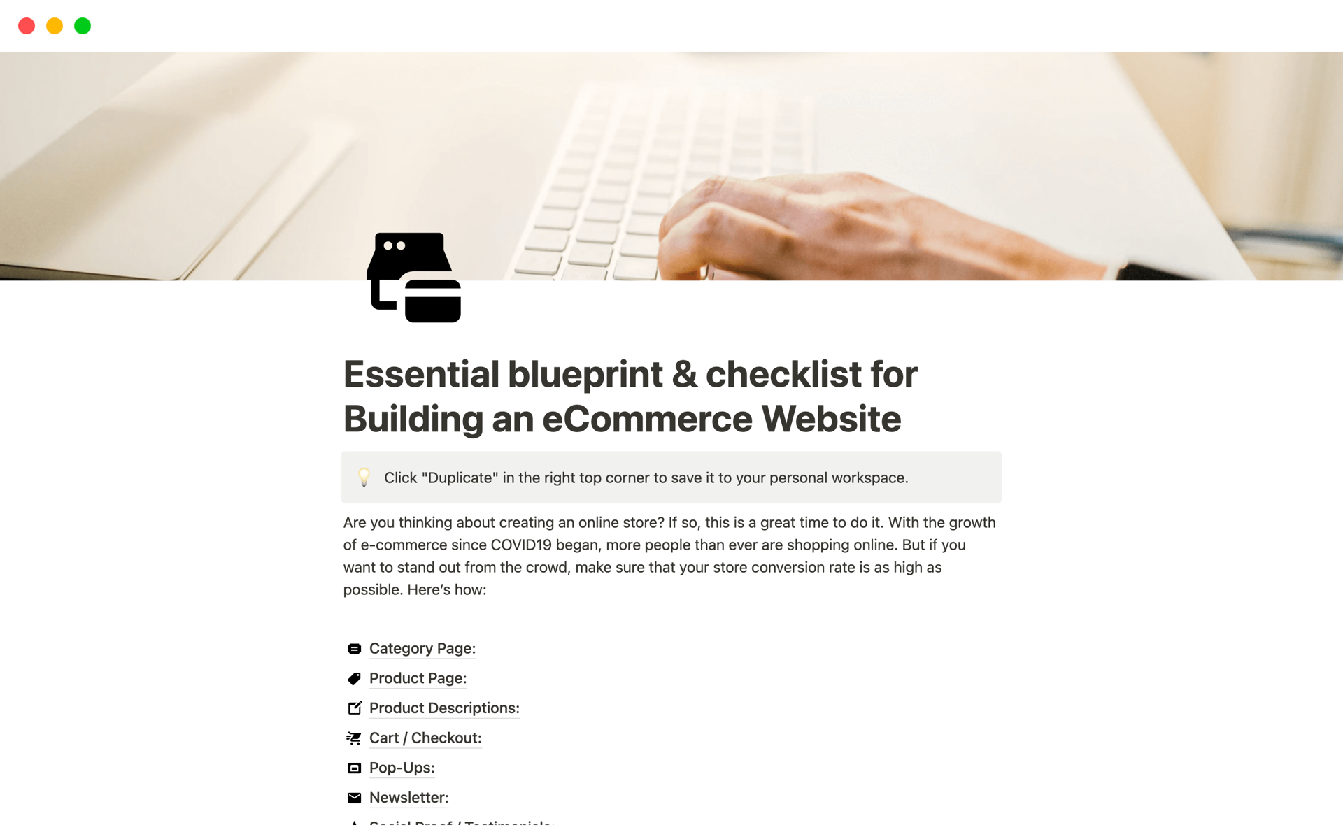 En förhandsgranskning av mallen för Essential blueprint builing an eCommerce Website