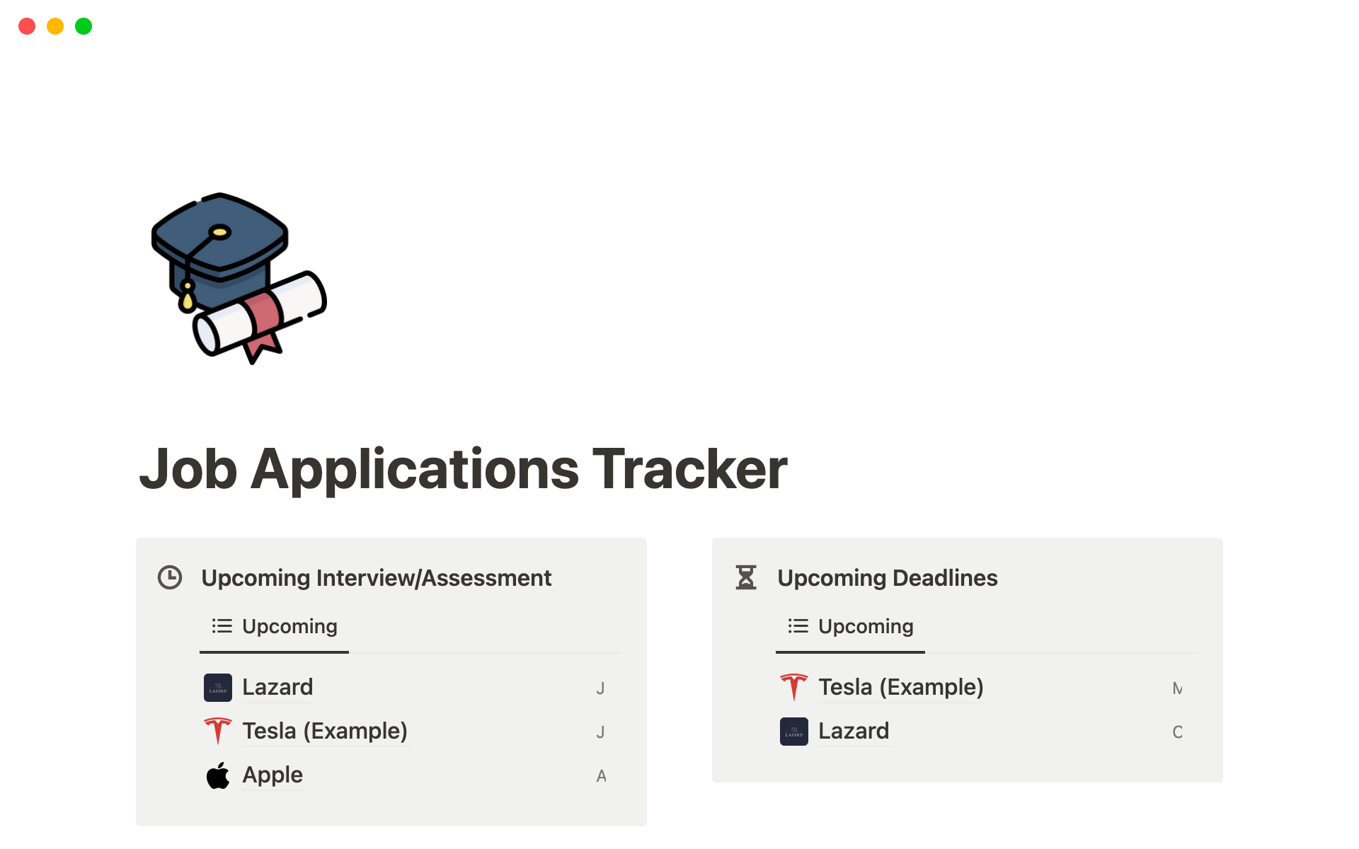 En förhandsgranskning av mallen för Job Applications Tracker