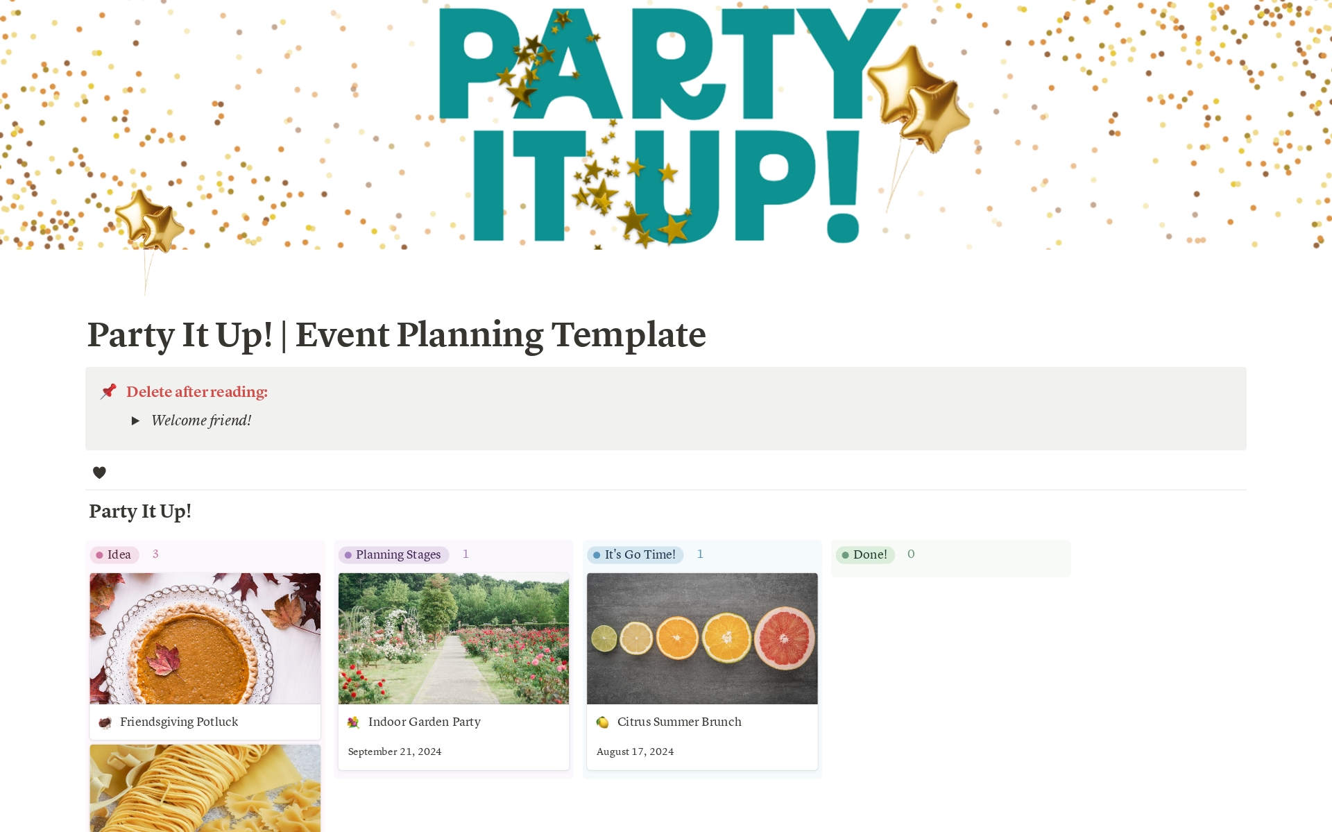 This template is used to plan parties and events and can be easily adapted to meet your personal needs.