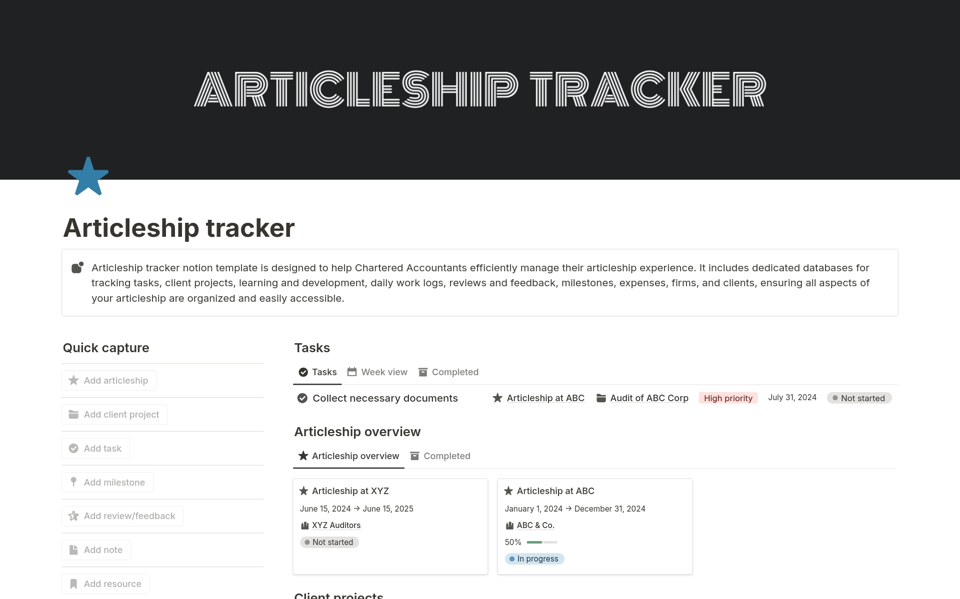 Articleship tracker notion template is designed to help Chartered Accountants efficiently manage their articleship experience.