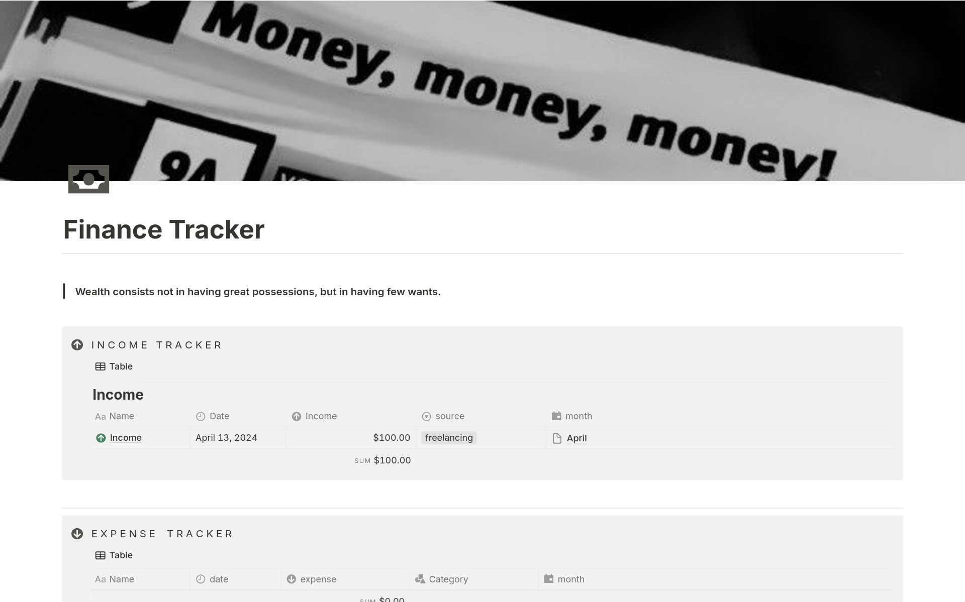 Uma prévia do modelo para Finance Tracker