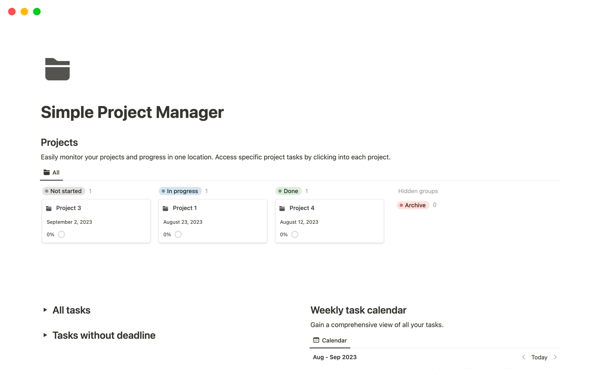 En forhåndsvisning av mal for Simple Project Manager