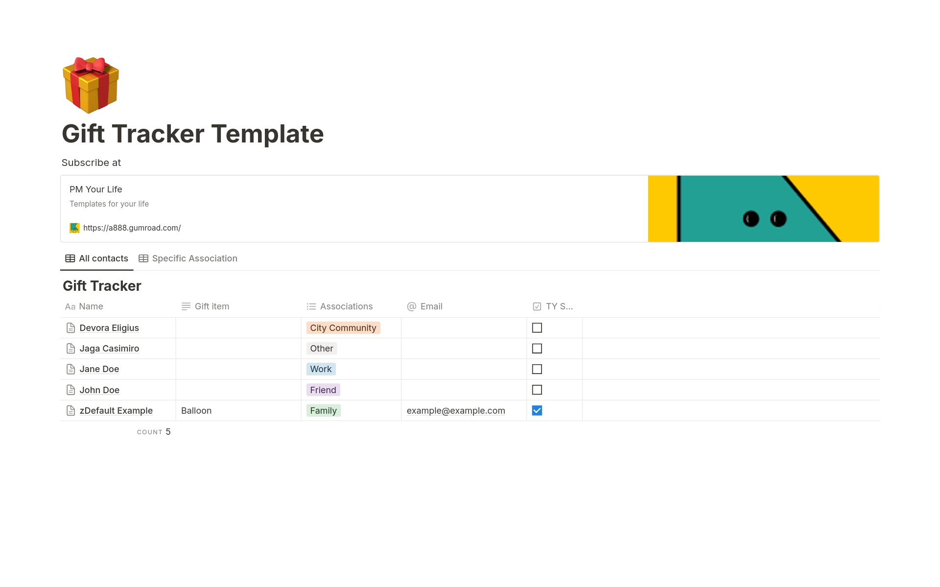 Vista previa de una plantilla para Gift Tracker