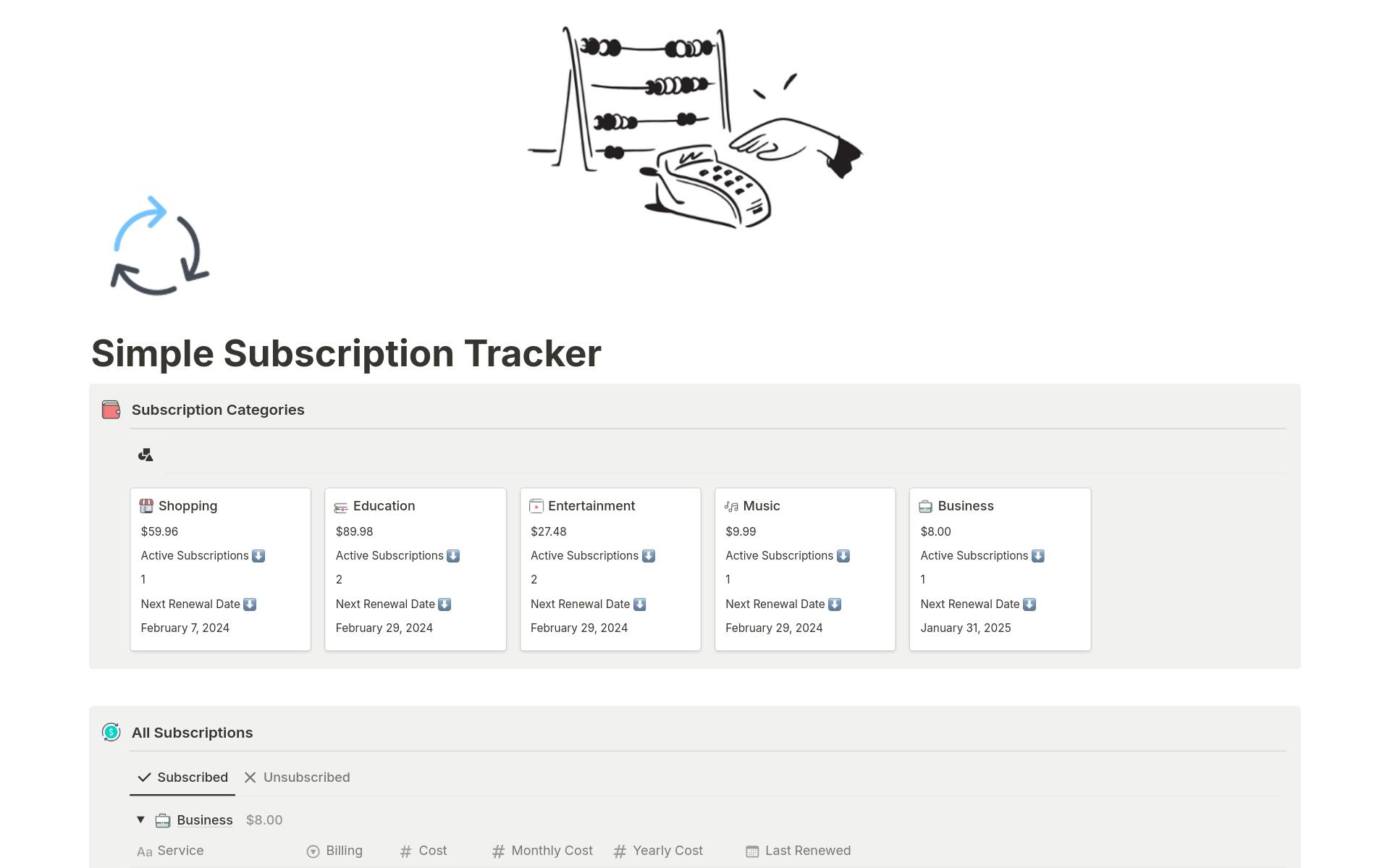 A template preview for Simple Subscription Tracker