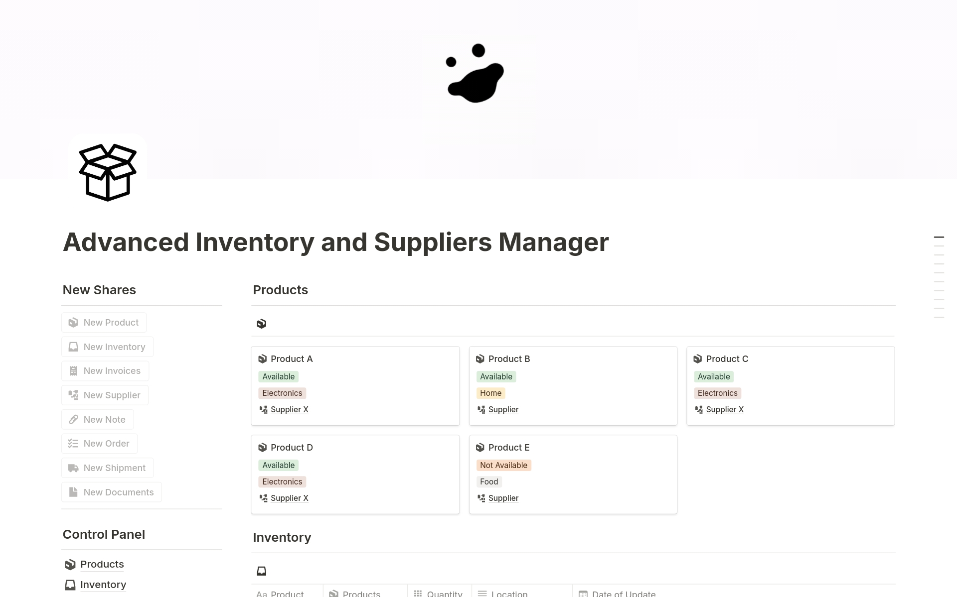 Optimize your supply chain with the Advanced Inventory and Supplier Manager template in Notion. Ideal for large-scale companies.