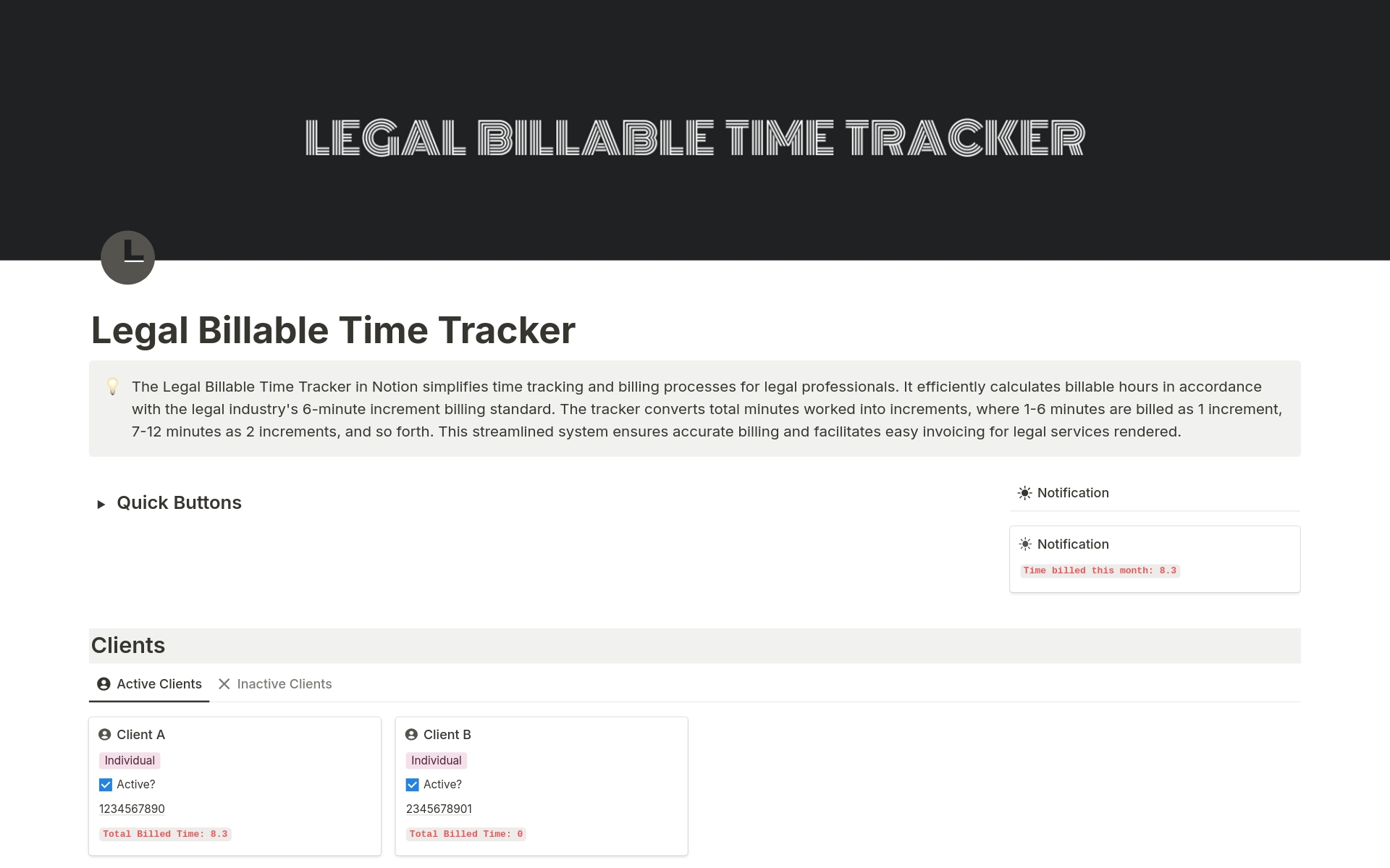 The Legal Billable Time Tracker in Notion simplifies time tracking and billing processes for legal professionals. It efficiently calculates billable hours in accordance with the legal industry's 6-minute increment billing standard.