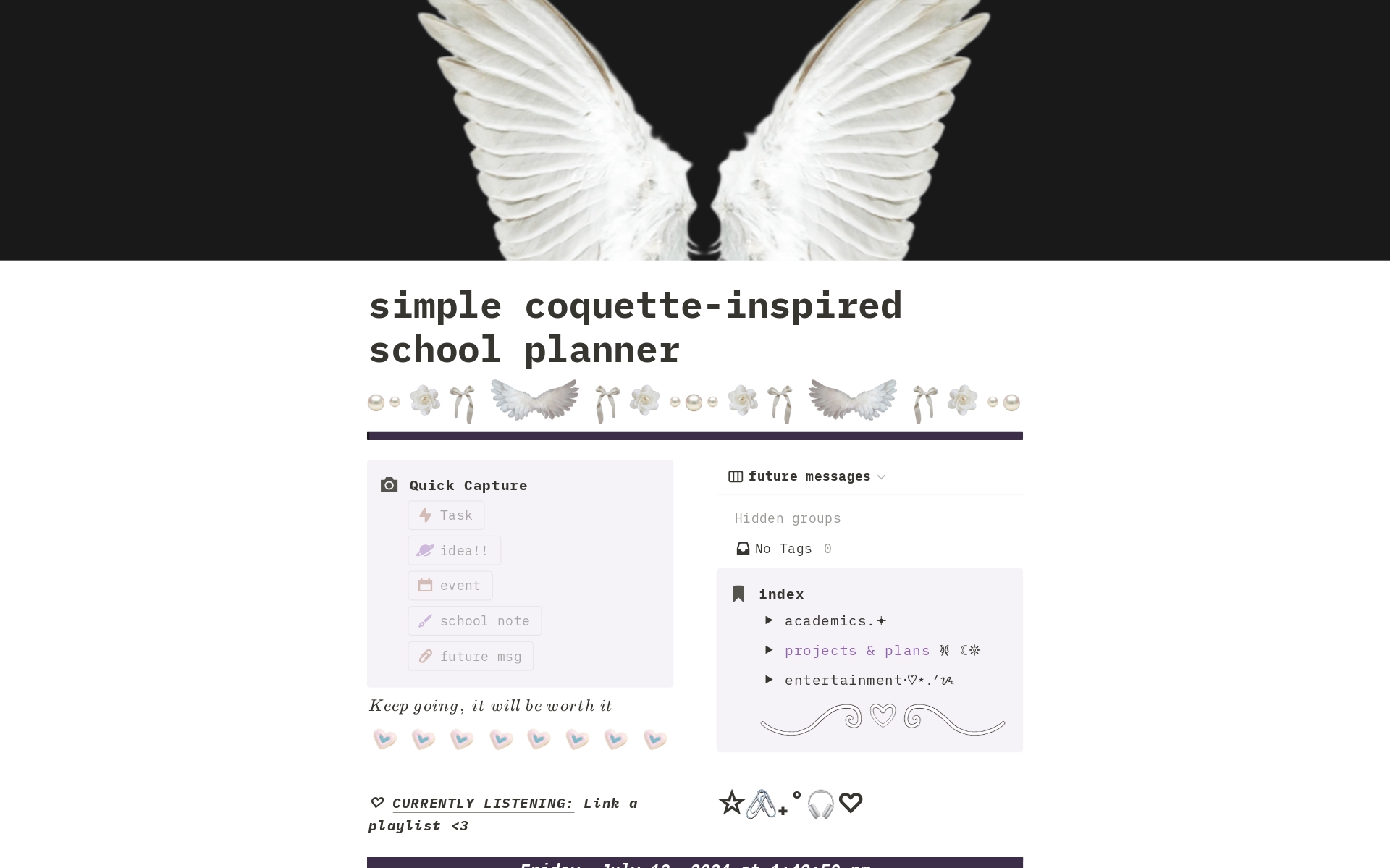 A template preview for simple coquette-inspired school planner
