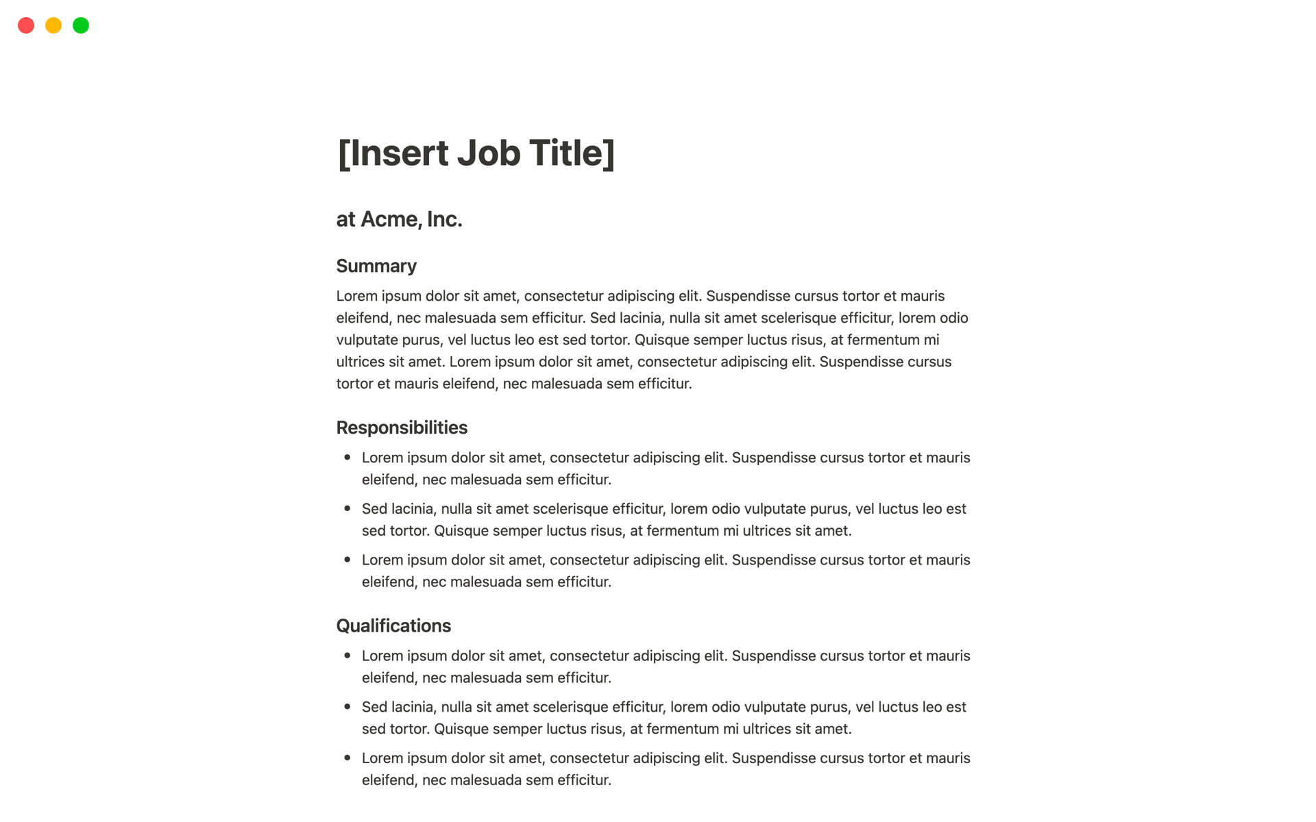 En förhandsgranskning av mallen för Job Description