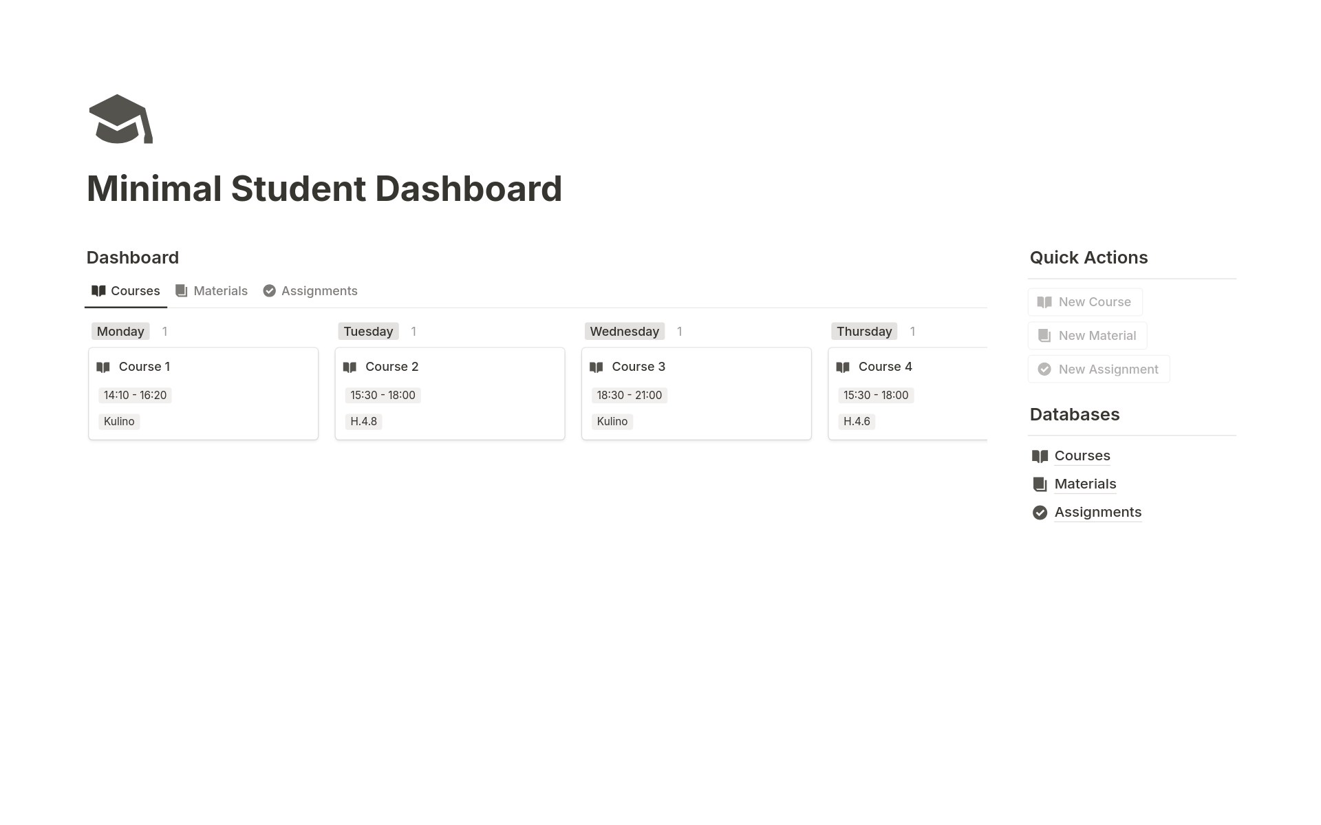 Minimal Student Dashboard is a Notion template designed to help students efficiently organize and track their studies. This dashboard includes quick links to databases for courses, materials, and assignments, allowing easy and quick access to all essential resources.