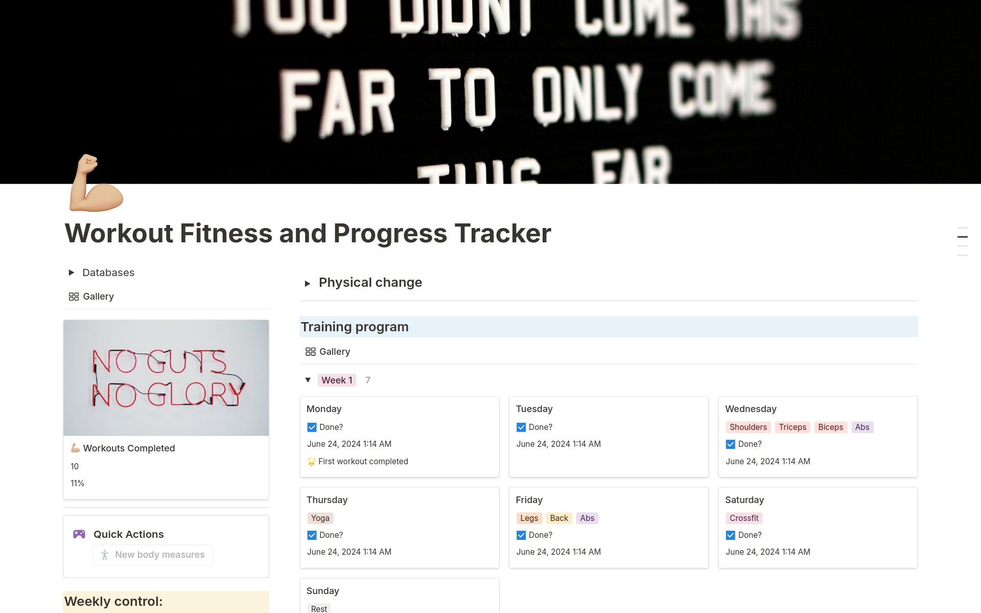 A comprehensive Fitness Tracking Template to monitor workouts, track body measurements, log milestones, and visualize your fitness progress effortlessly. Perfect for all fitness levels!