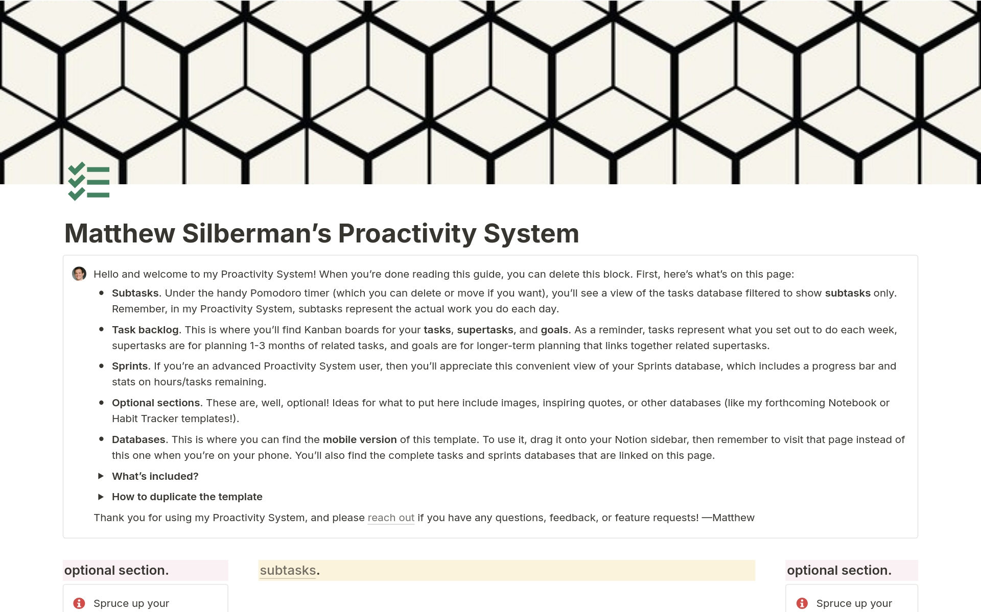 En forhåndsvisning av mal for Matthew Silberman's Proactivity System