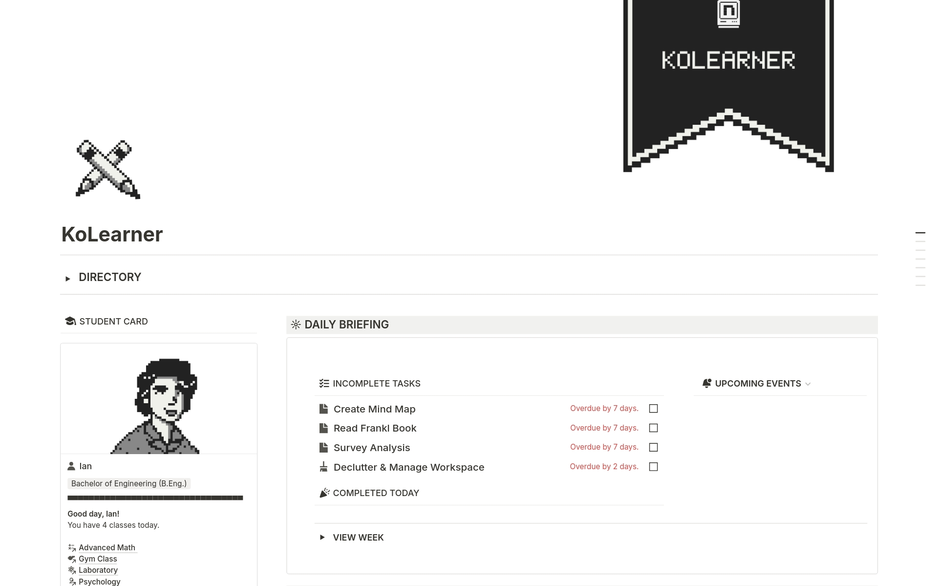 KoLearner is a thoughtfully designed system for students and learners to efficiently manage their academic life. This template provides a comprehensive structure to organize everything from yearly and semester plans to specific projects and daily tasks.