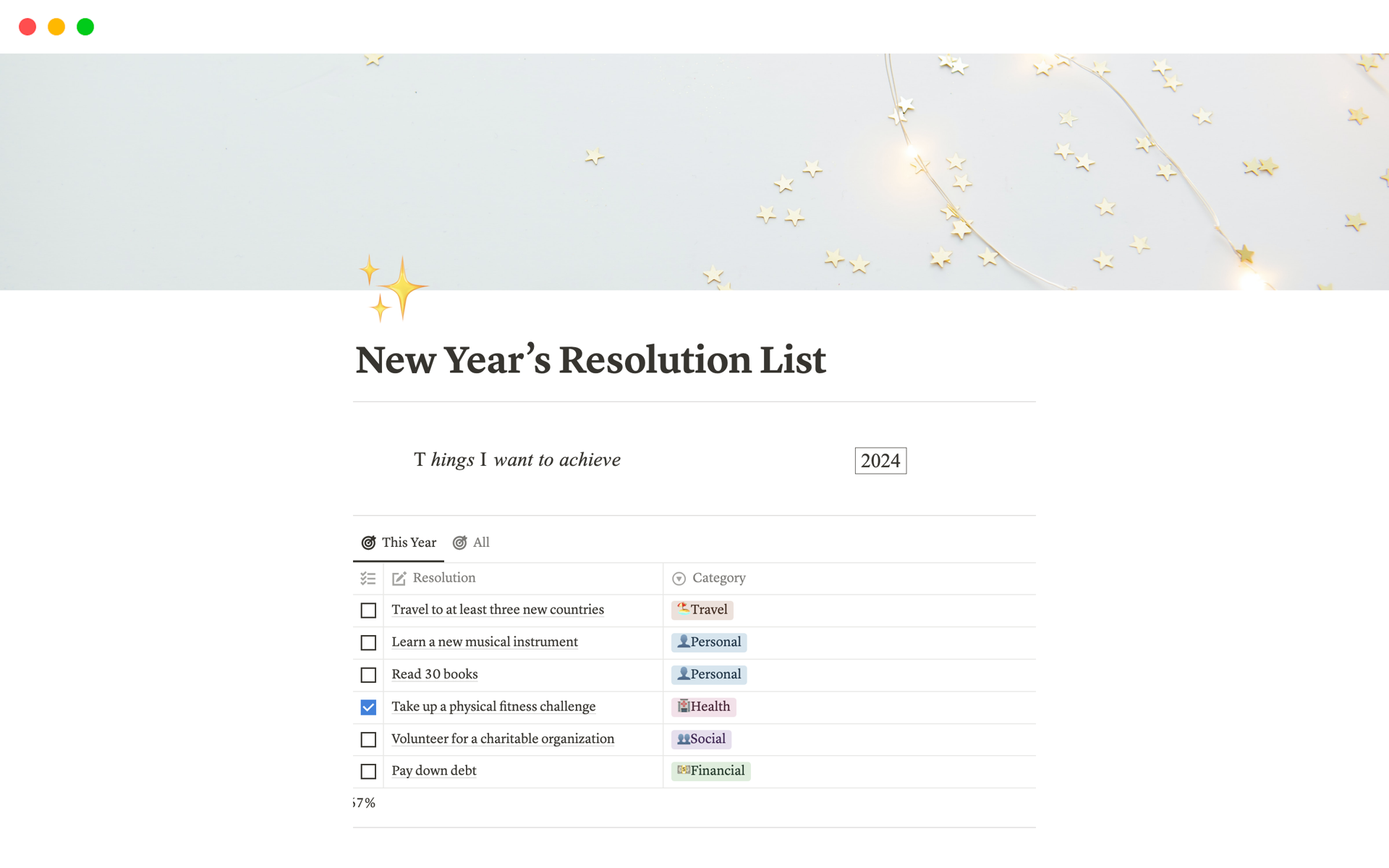 This template allows you to categorize your New Year's resolutions into various categories with a built-in progress tracker, making it easy to monitor the percentage of resolutions achieved throughout the year.